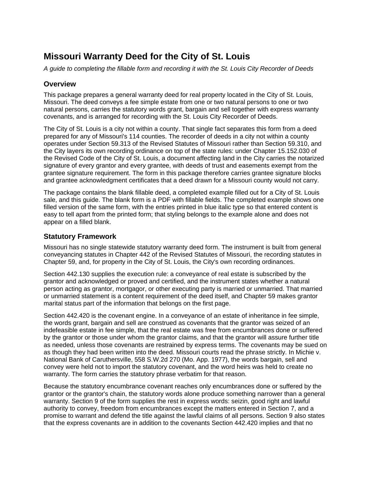 Saint Louis City Saint Louis City Warranty Deed Guide