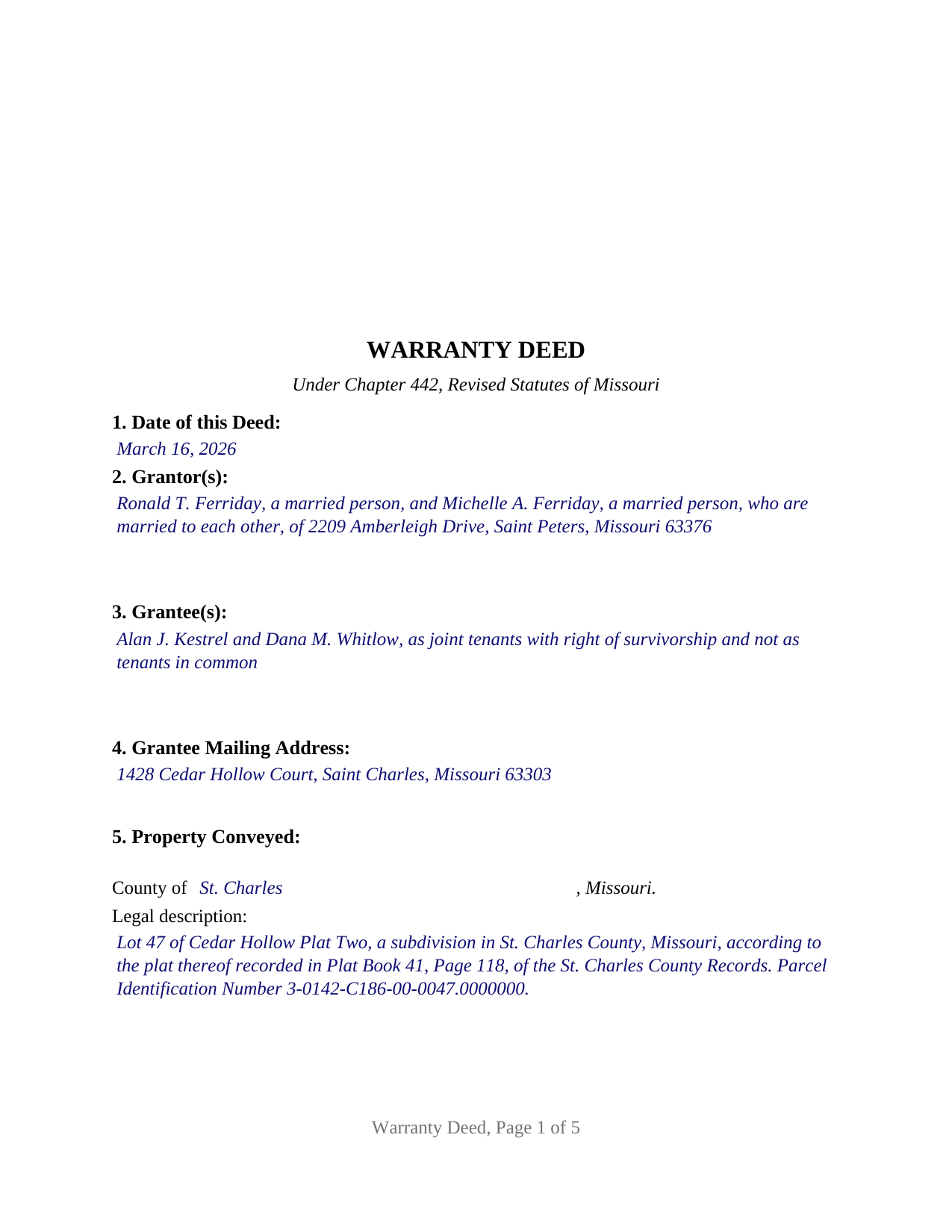 Lafayette County Completed Example of the Warranty Deed Document