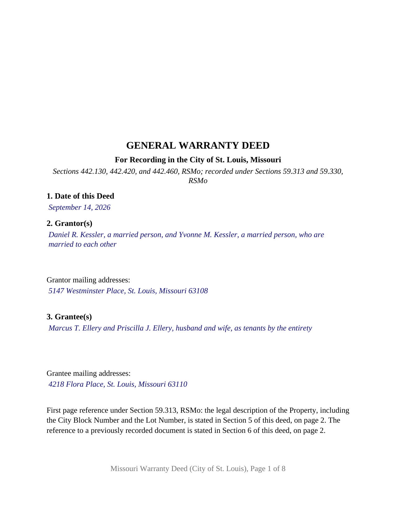 Saint Louis City Completed Example of the Warranty Deed Document