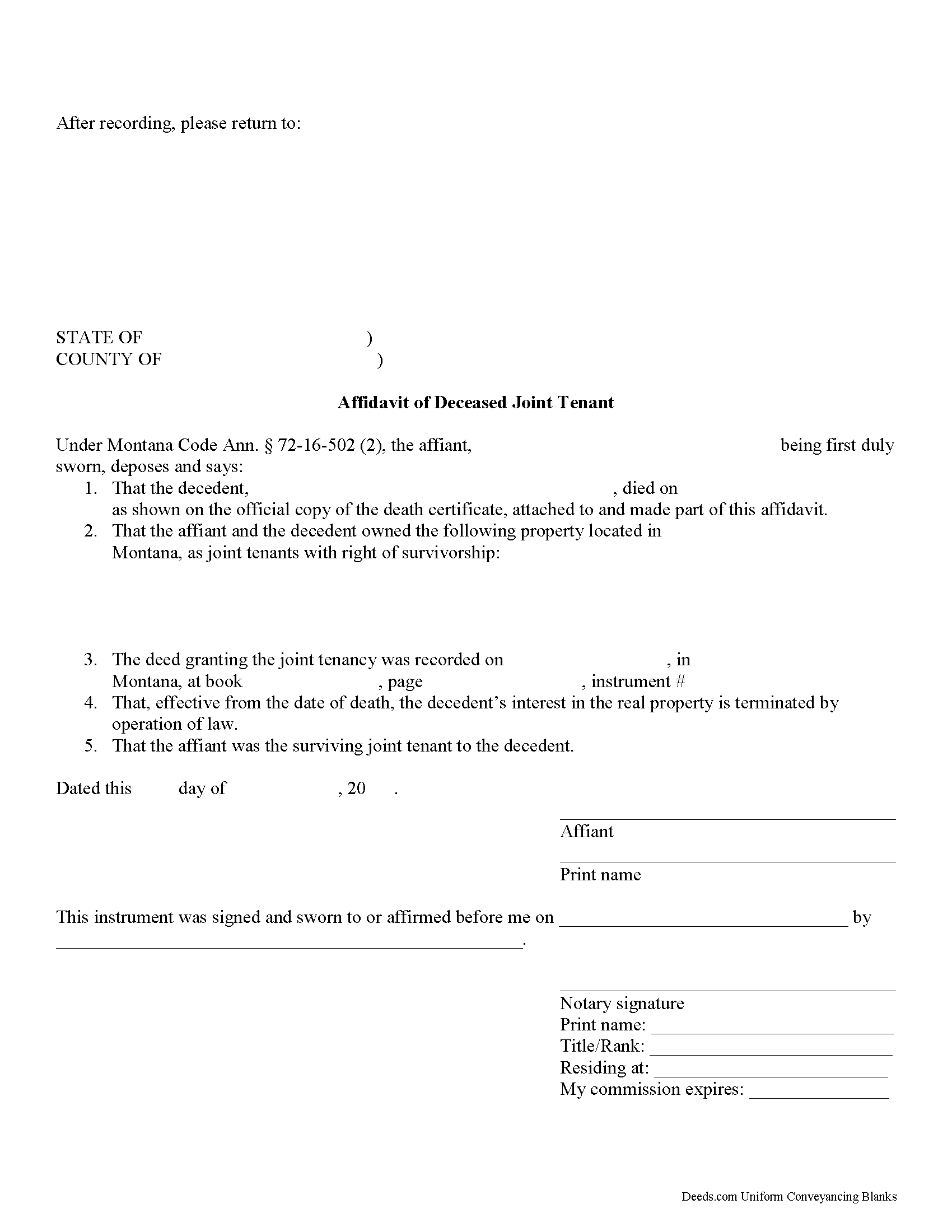Powell County Affidavit of Deceased Joint Tenant Form