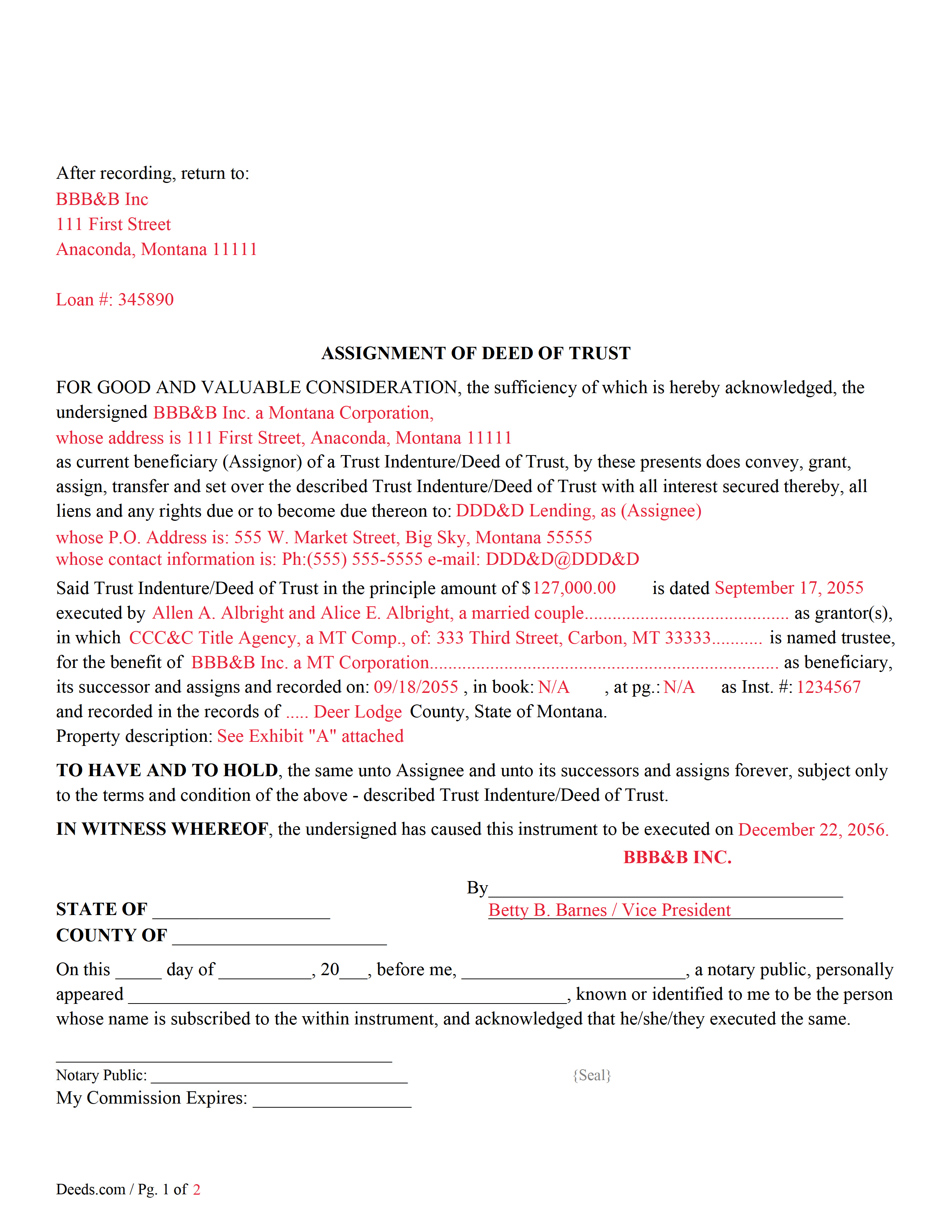 Powell County Completed Example of an Assignment of Deed of Trust Document