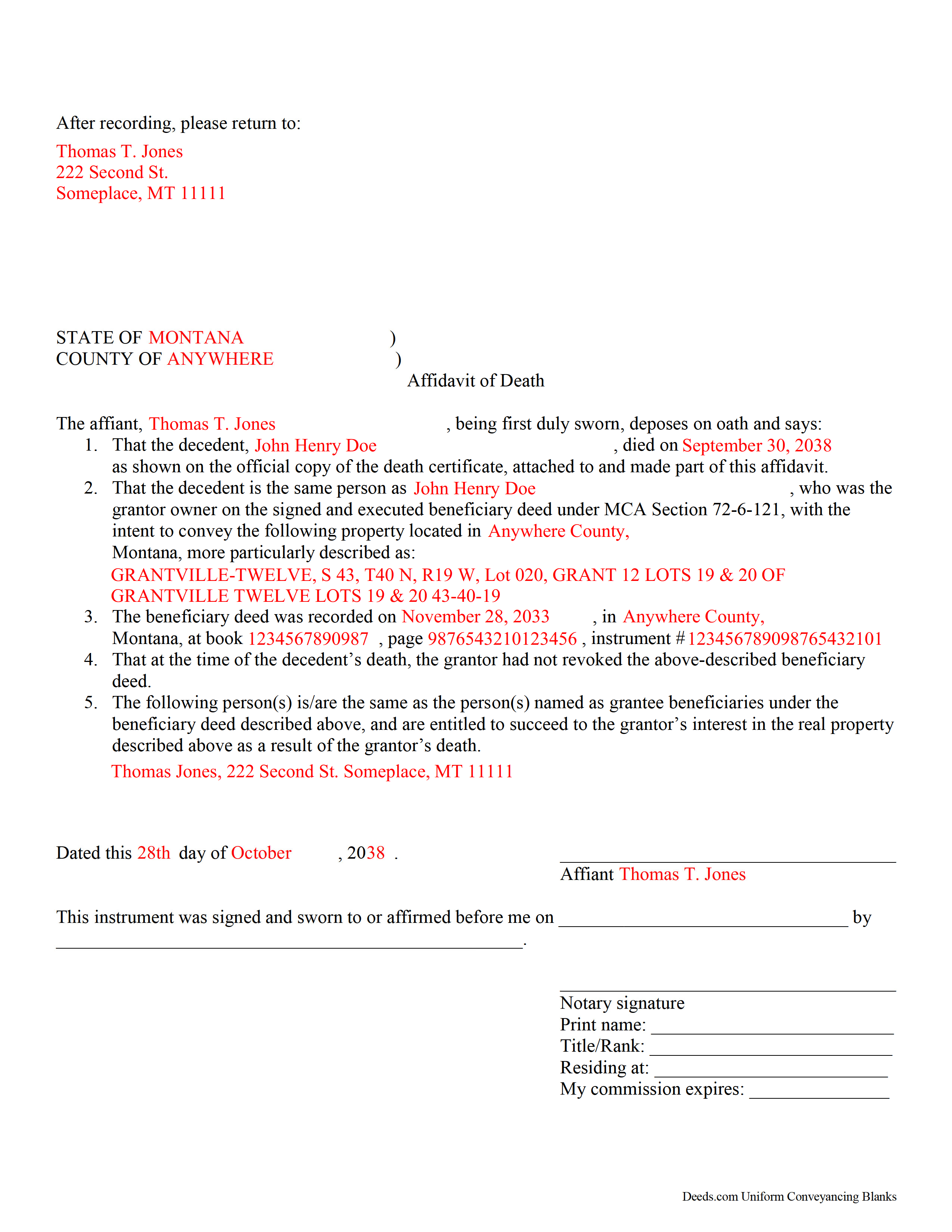 Completed Example of the Affidavit of Death Form