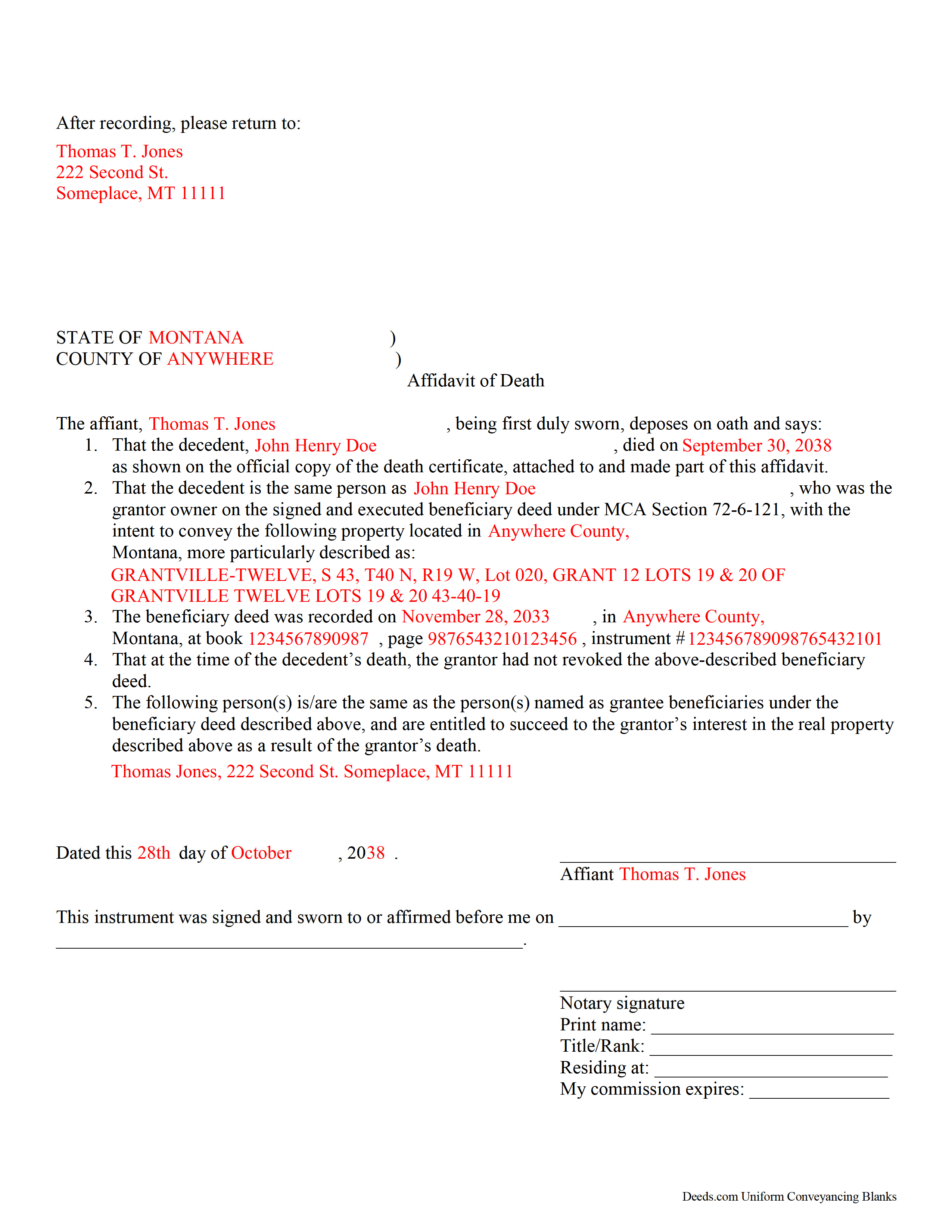 Mineral County Completed Example of the Affidavit of Death Form