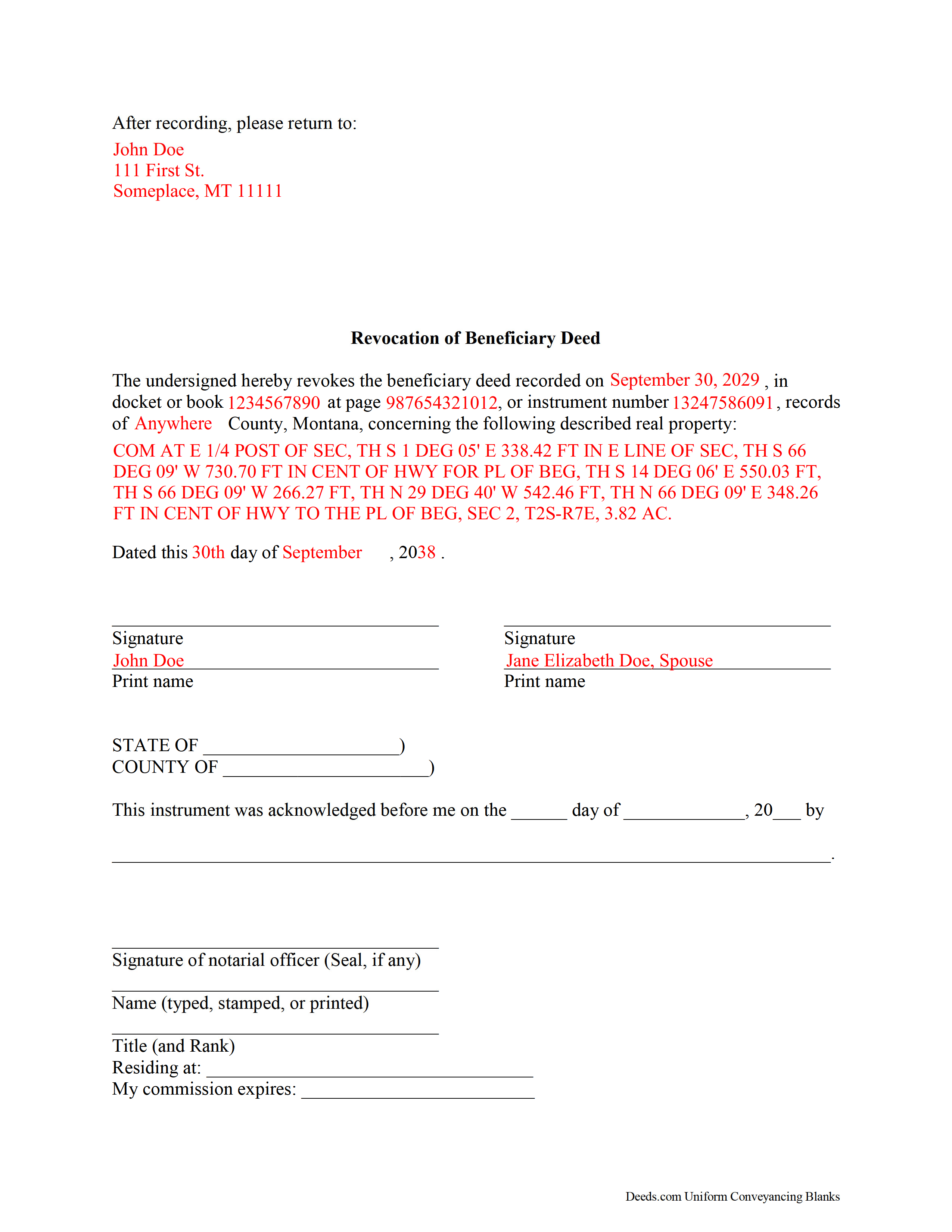 Completed Example of the Revocation of Beneficiary Deed Document