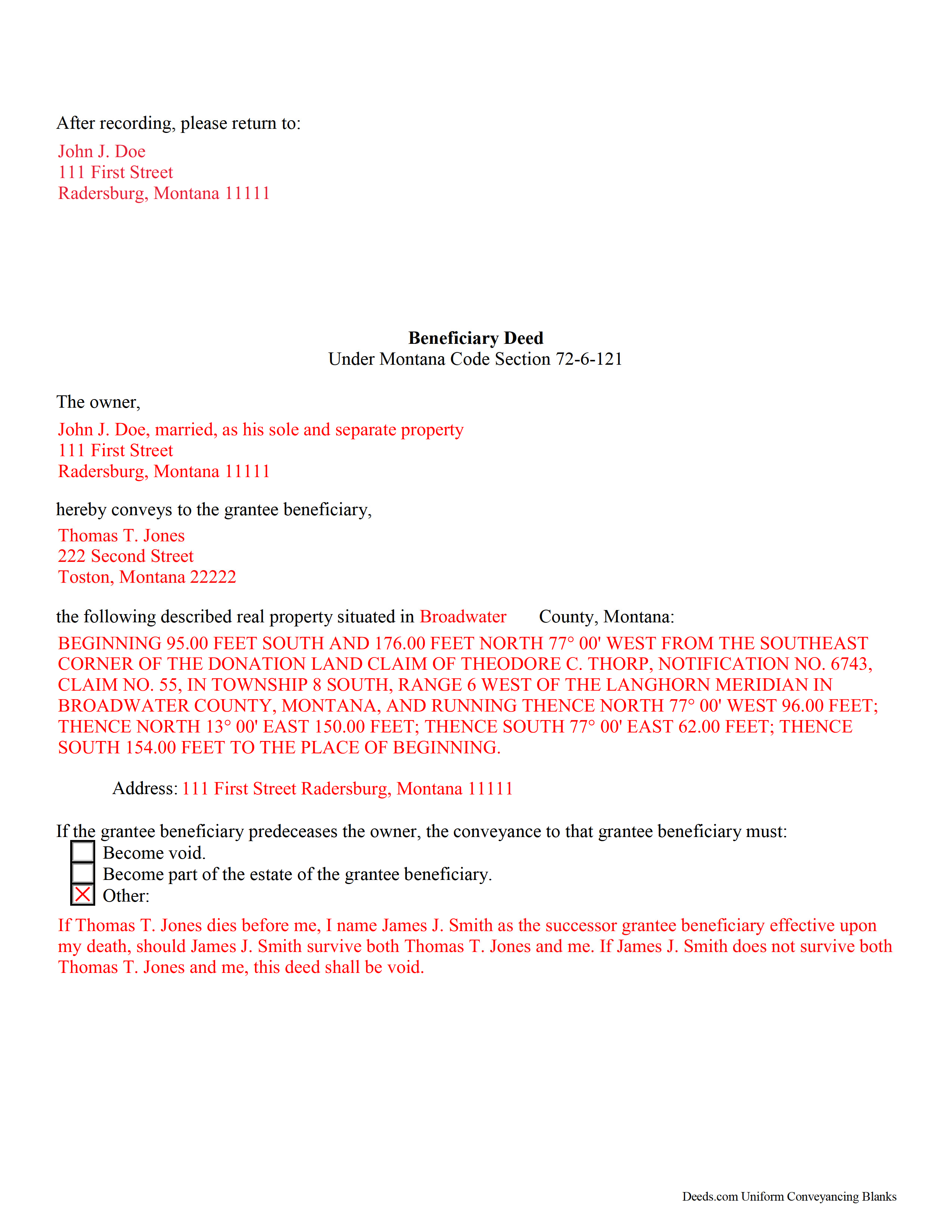 Mineral County Completed Example of the Beneficiary Deed Document