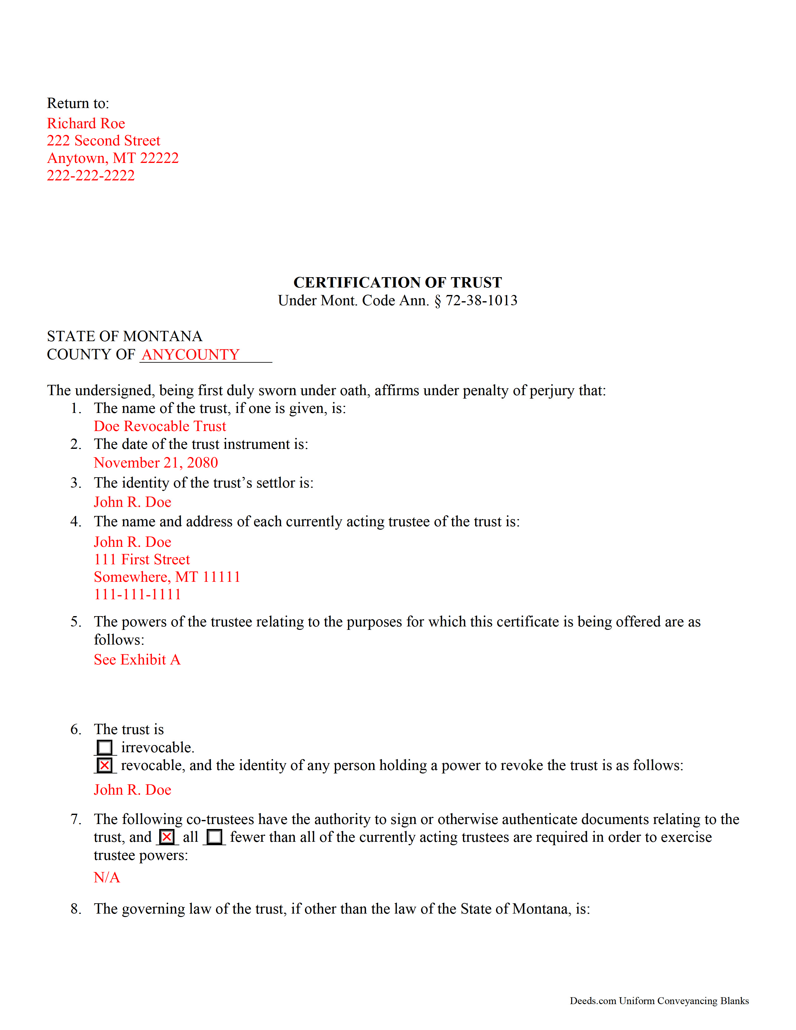 Powell County Completed Example of the Certificate of Trust Document