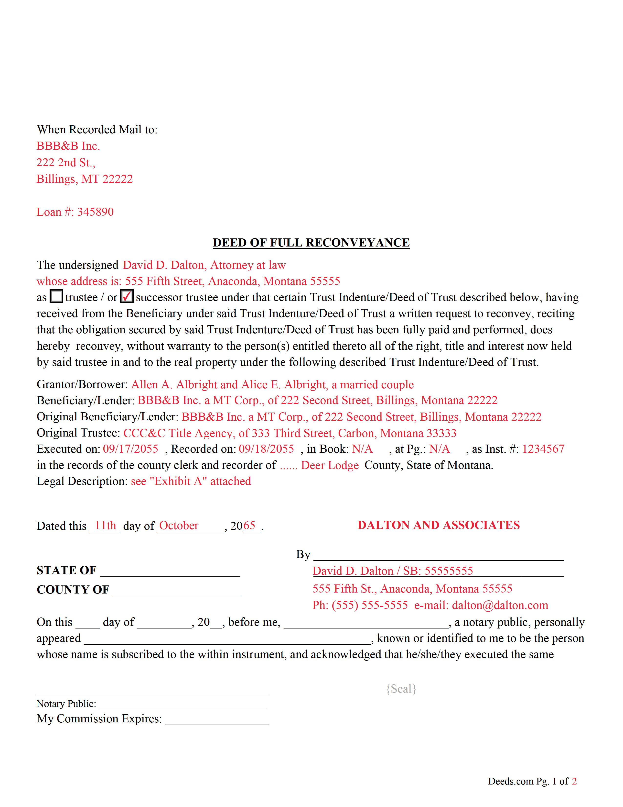 Powell County Completed Example of the Deed of Full Reconveyance Document