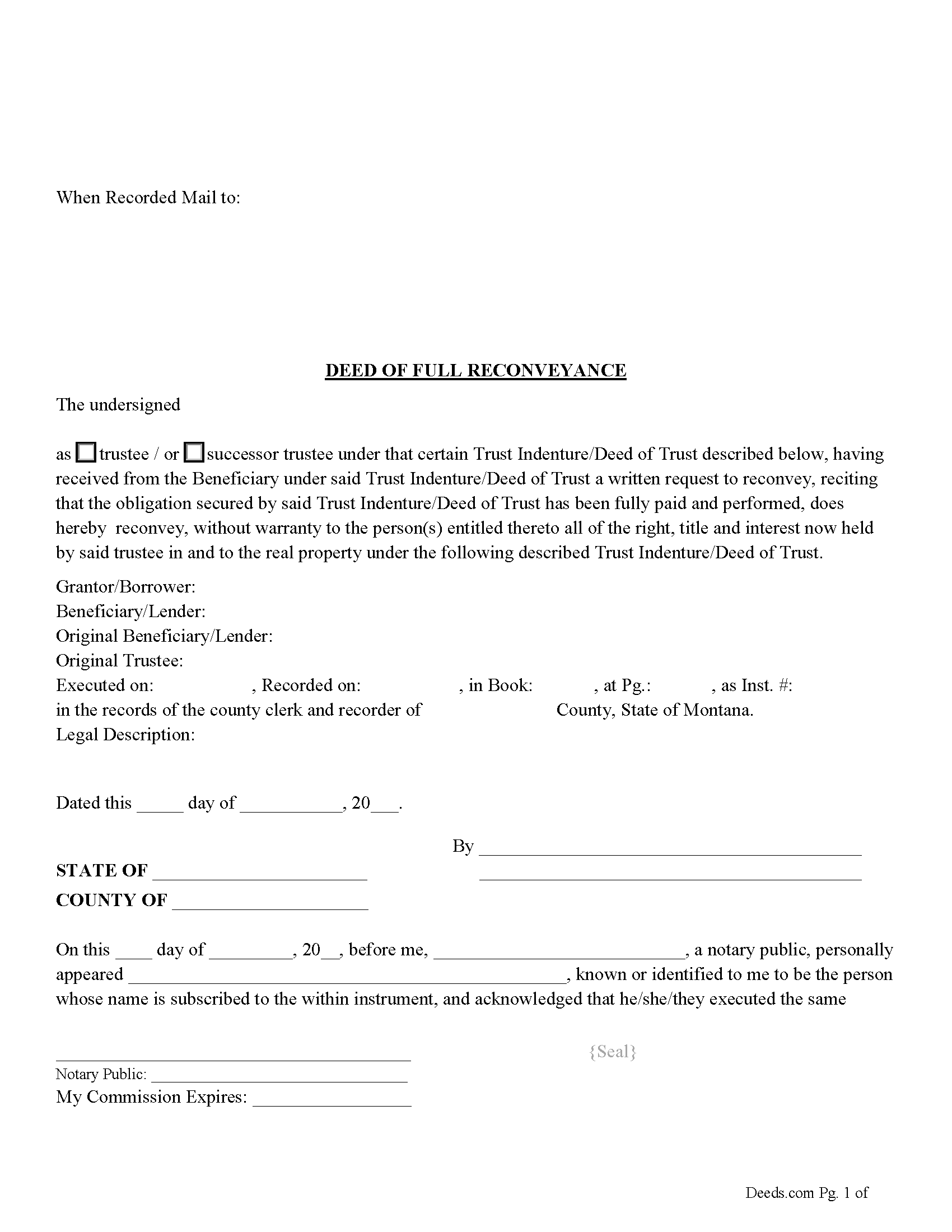 Powell County Deed of Full Reconveyance Form
