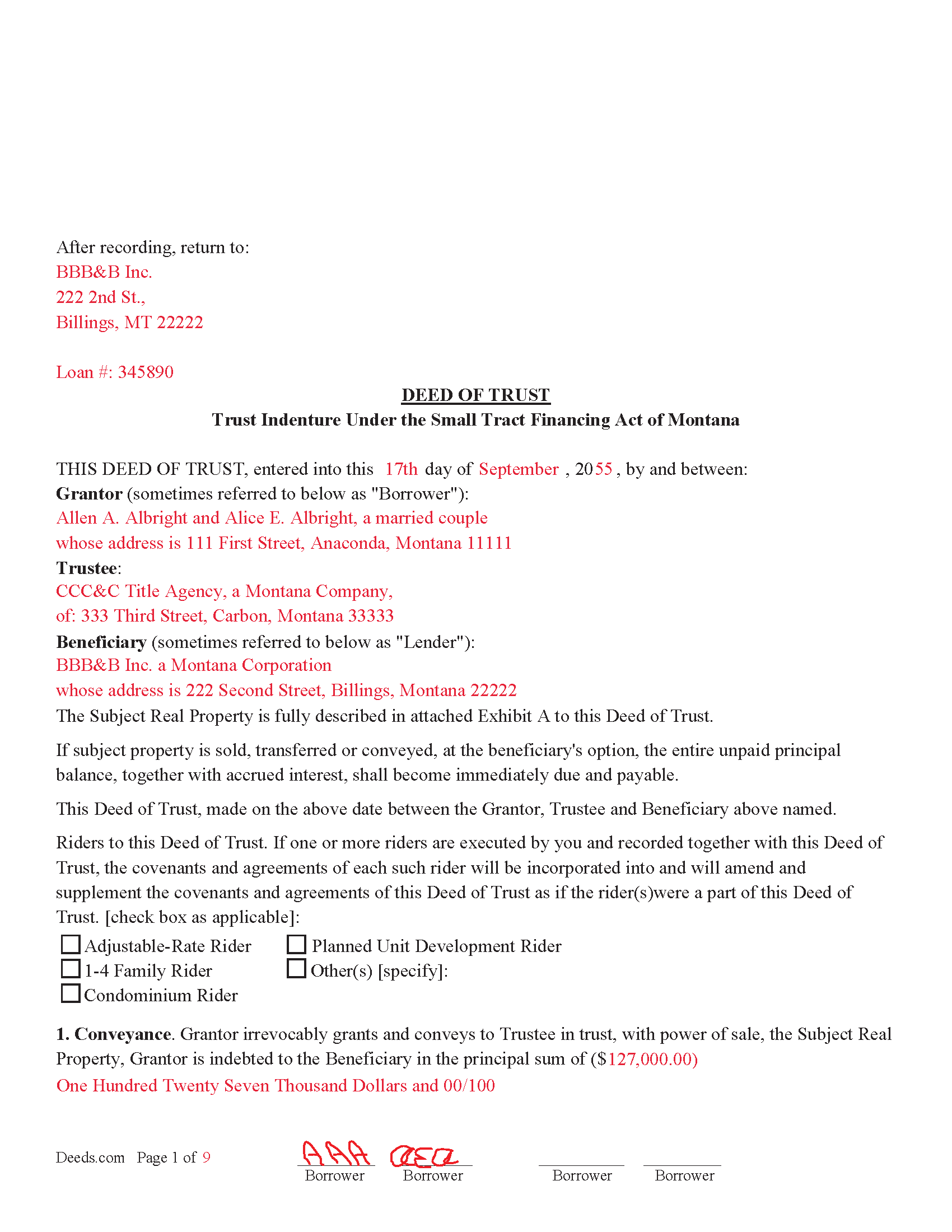 Mineral County Completed Example of the Deed of Trust Document