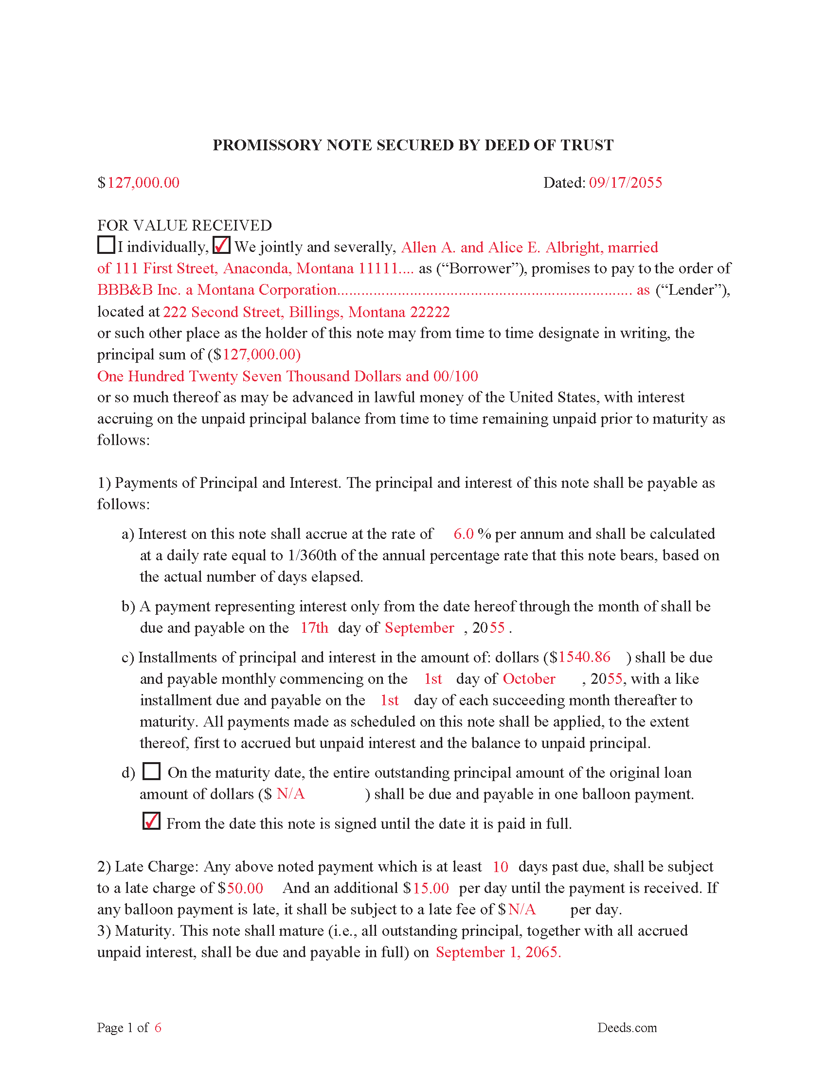 Mineral County Completed Example of the Promissory Note Document