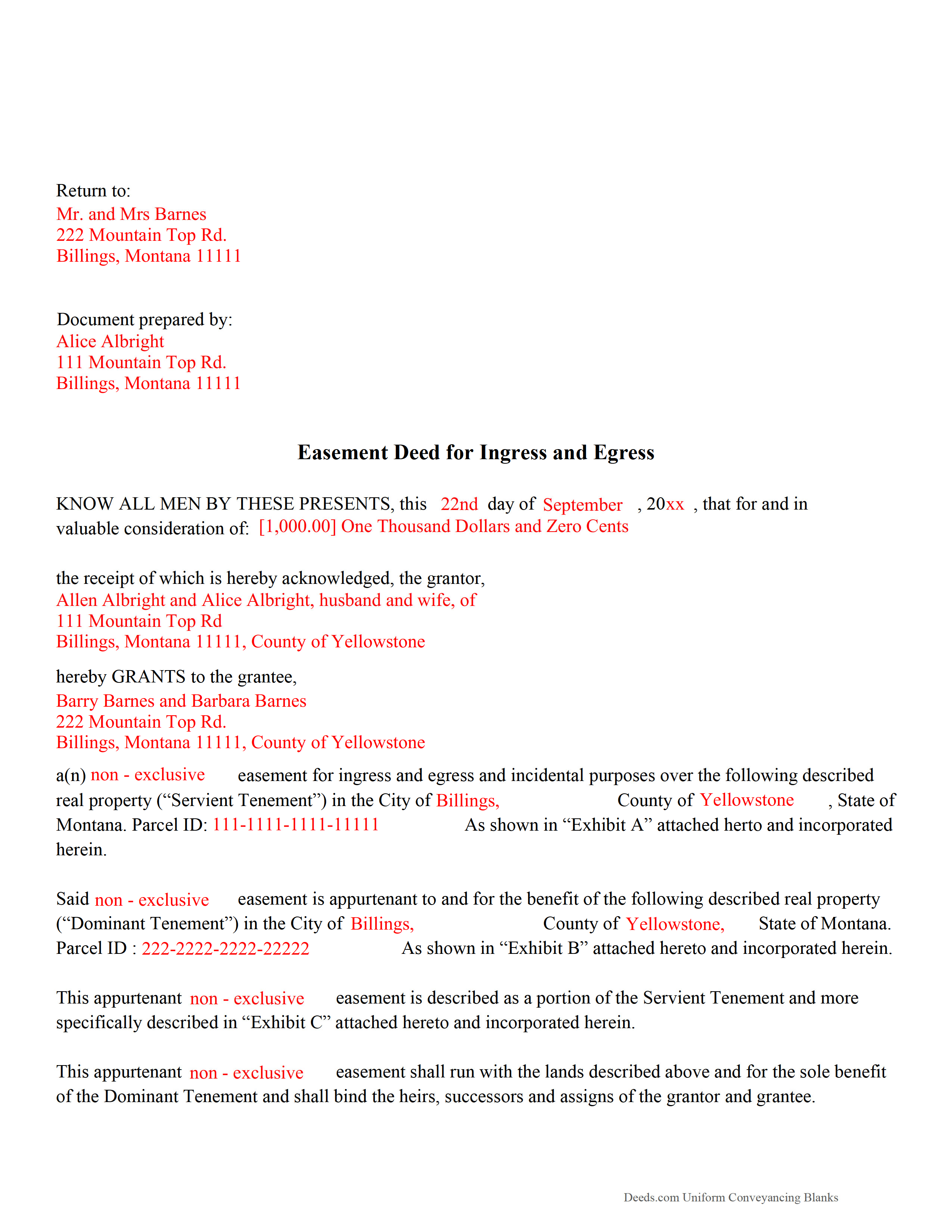 Completed Example of the Easement Deed Document