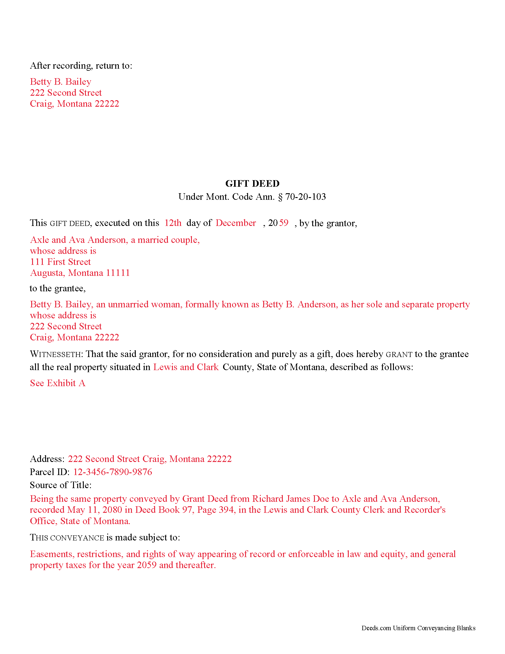 Powell County Completed Example of the Gift Deed Document