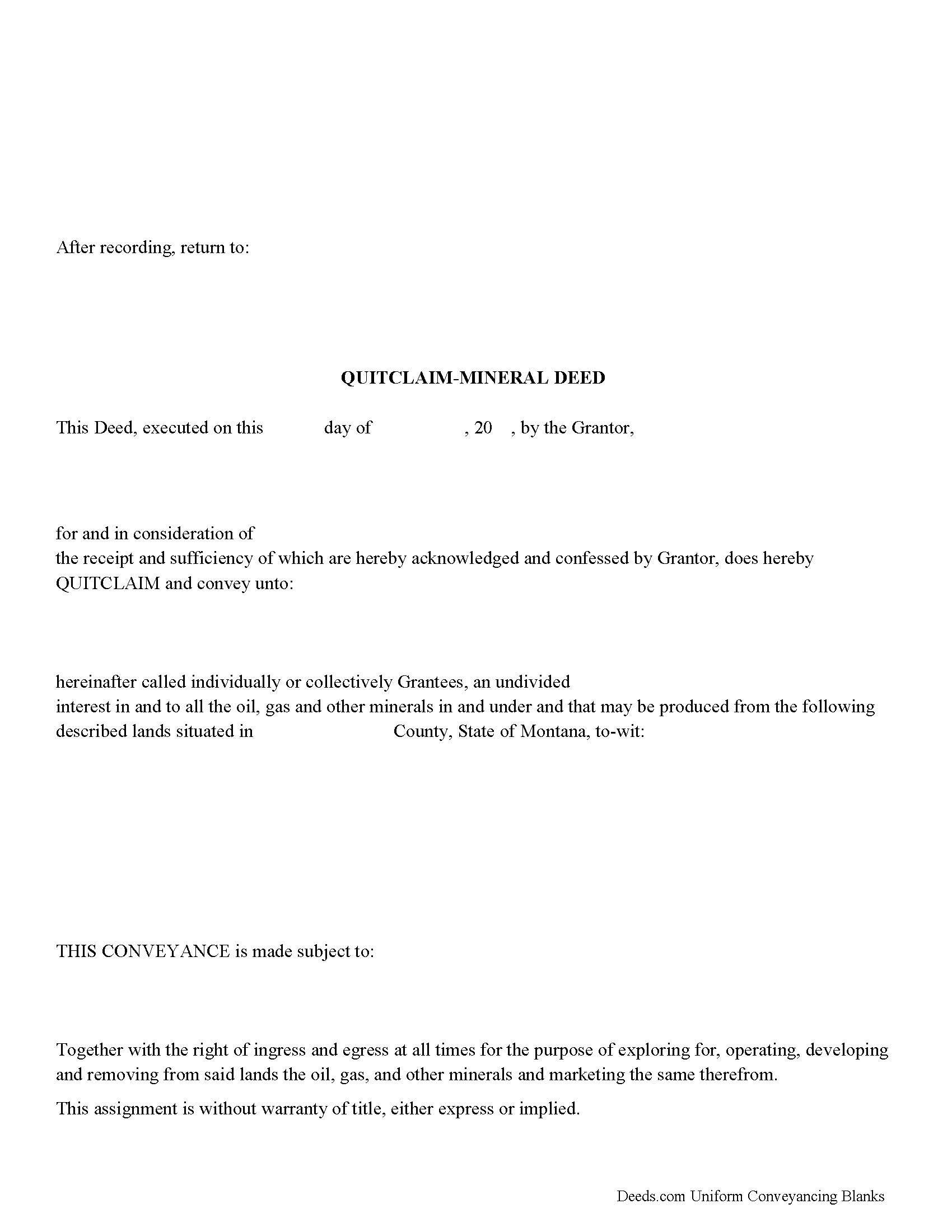 Mineral County Mineral Deed with Quitclaim Covenants Form