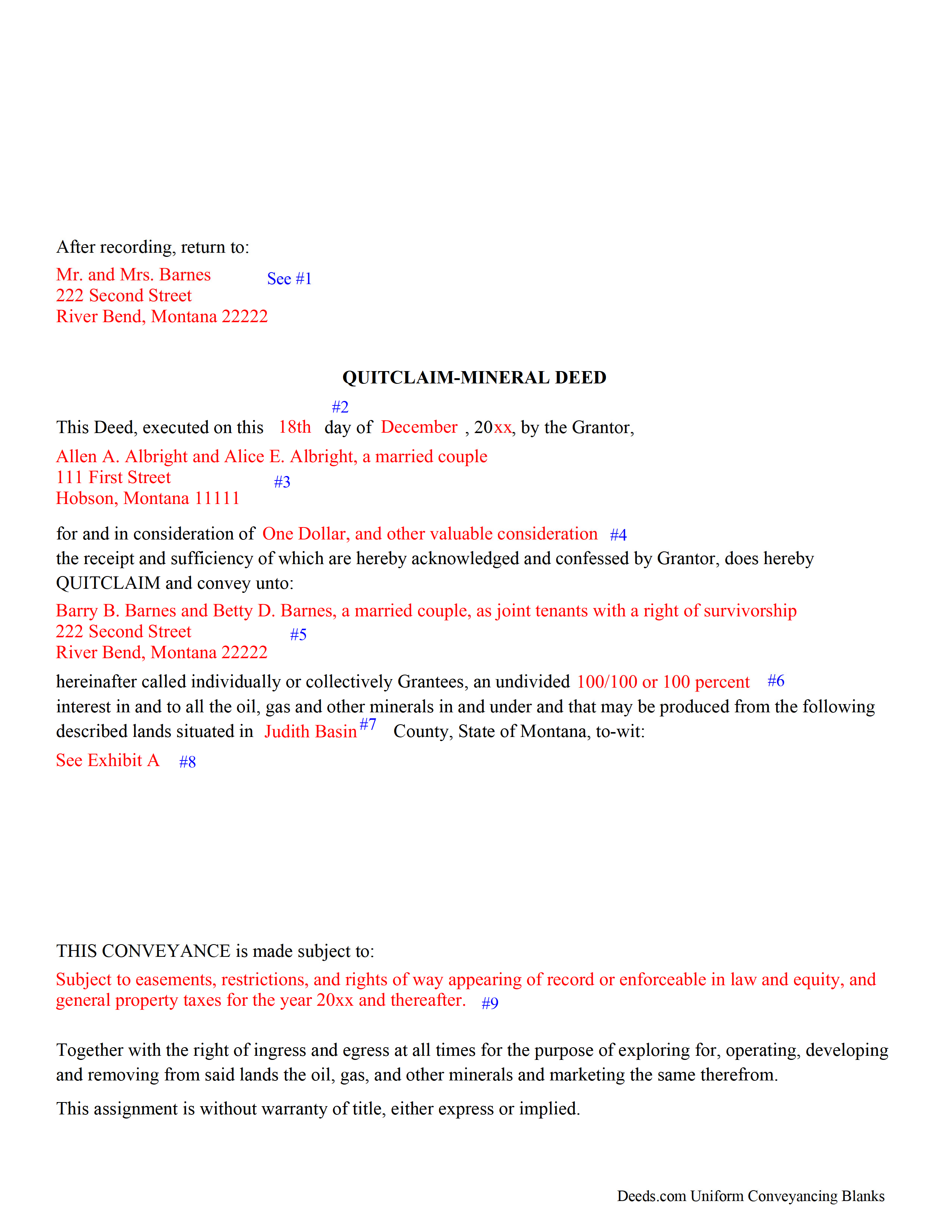 Mineral County Completed Example of the Mineral Deed with Quitclaim Covenants Document