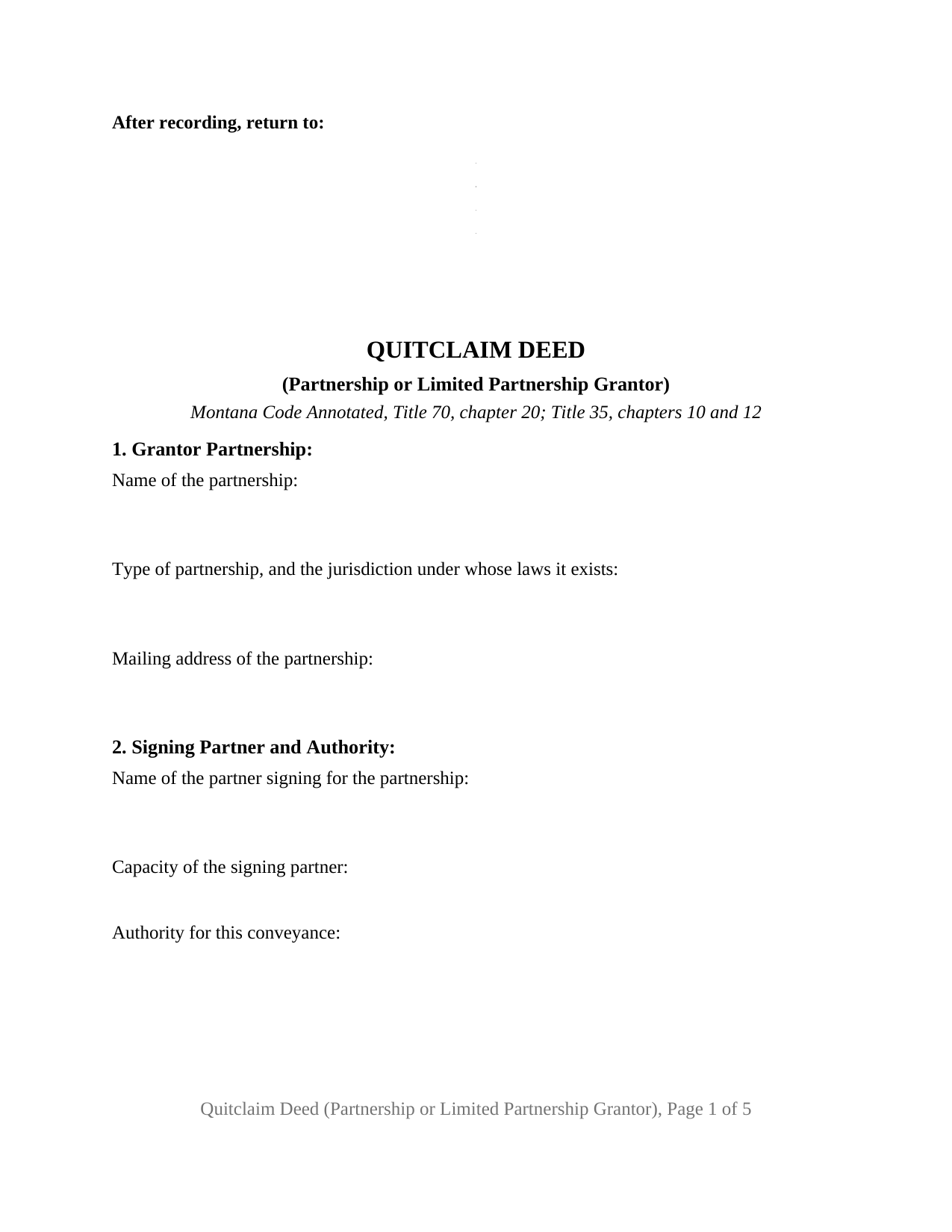 Montana Quitclaim Deed (Partnership or Limited Partnership Grantor)