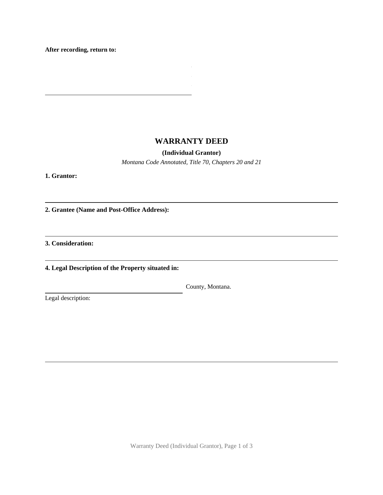 Montana Warranty Deed (Individual Grantor)