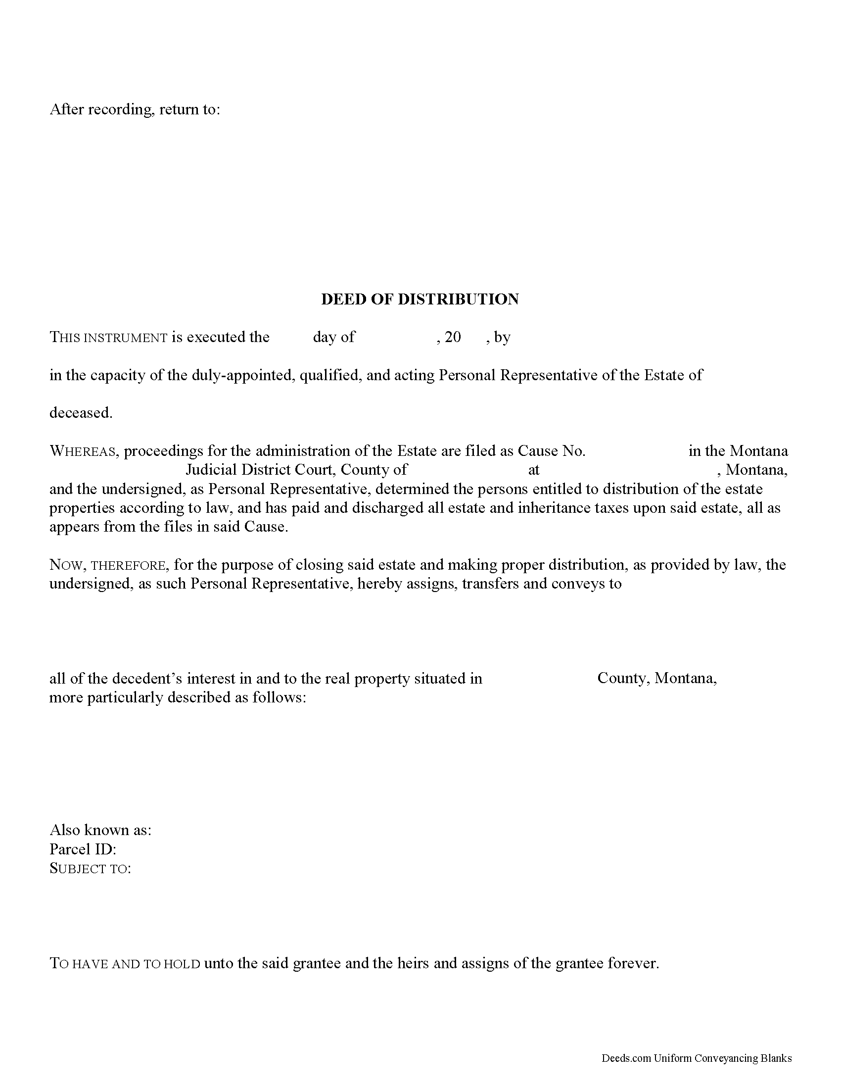 Mineral County Personal Representative Deed of Distribution Form