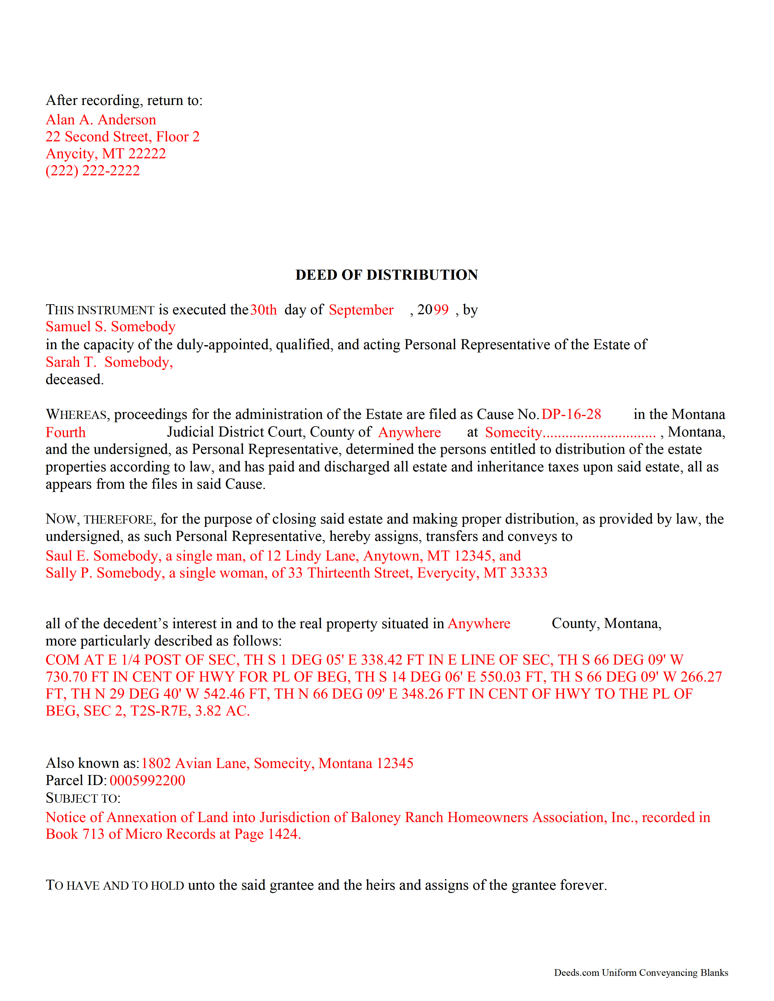 Mineral County Completed Example of the Personal Representative Deed of Distribution Document