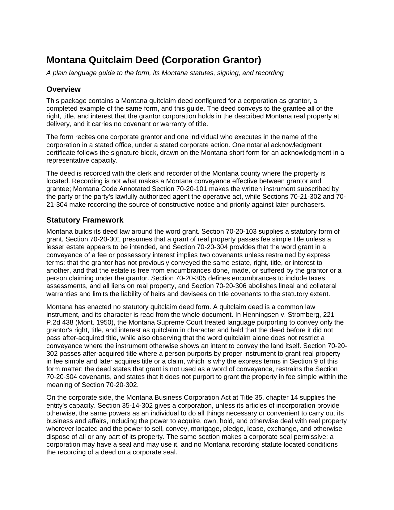 Treasure County Quitclaim Deed (Corporation Grantor) Guide