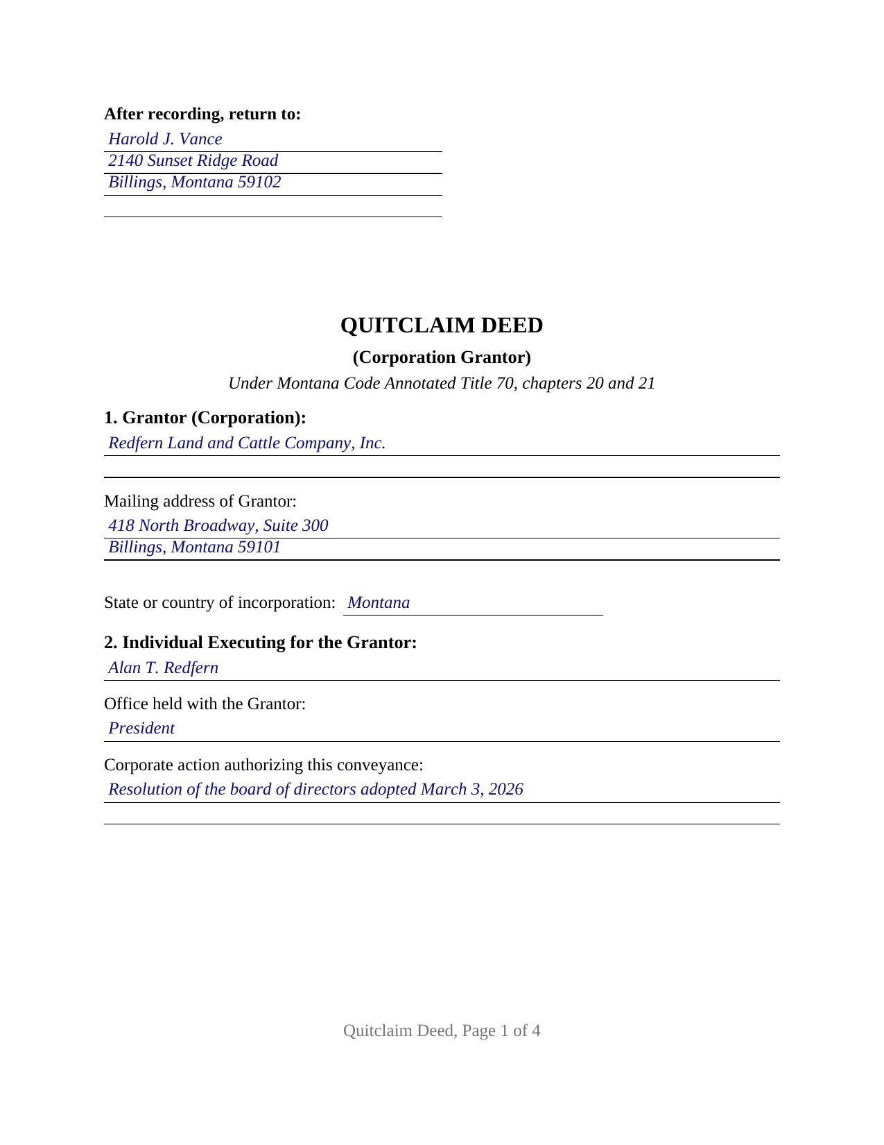 Treasure County Completed Example of the Quitclaim Deed (Corporation Grantor) Document