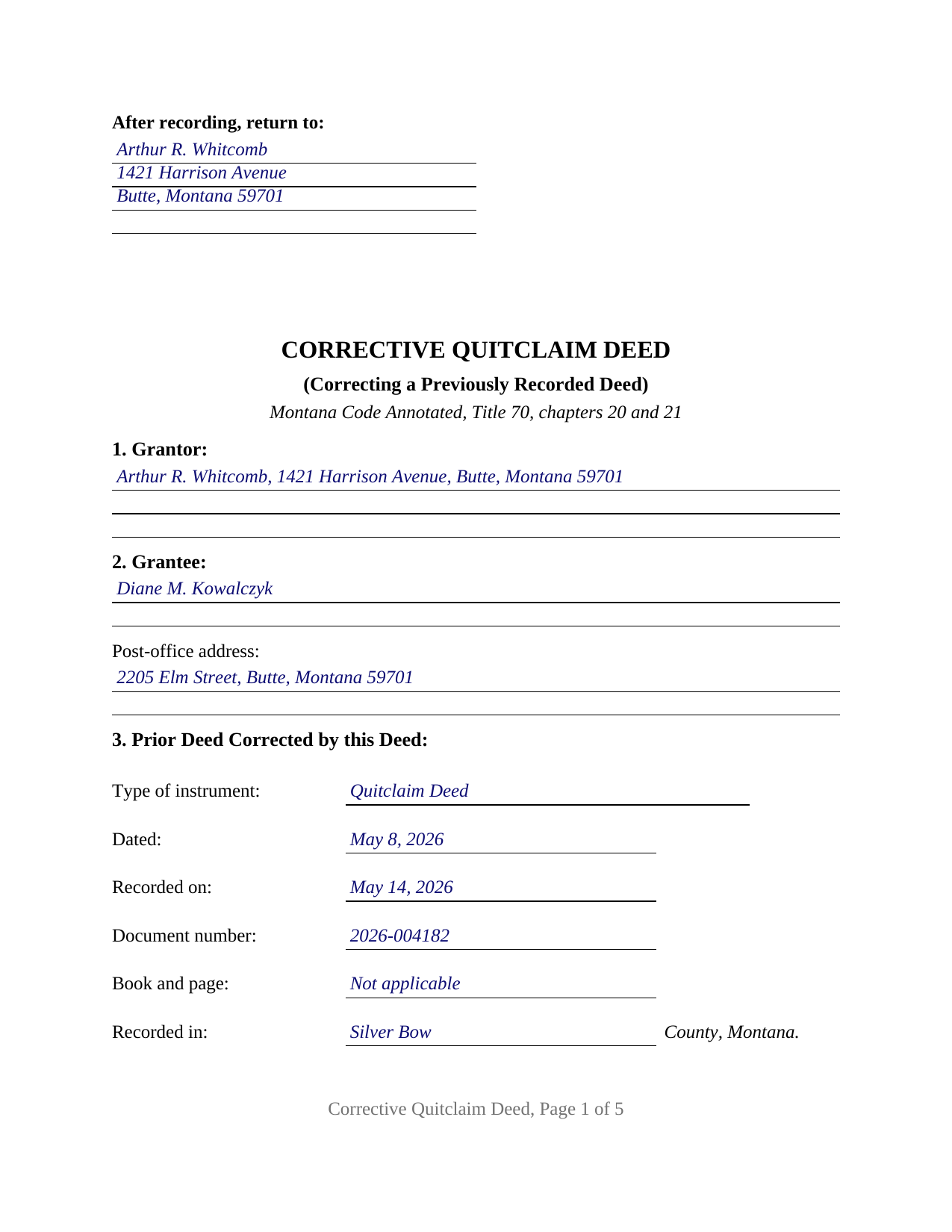 Yellowstone County Completed Example of the Quitclaim Deed (Corrective) Document