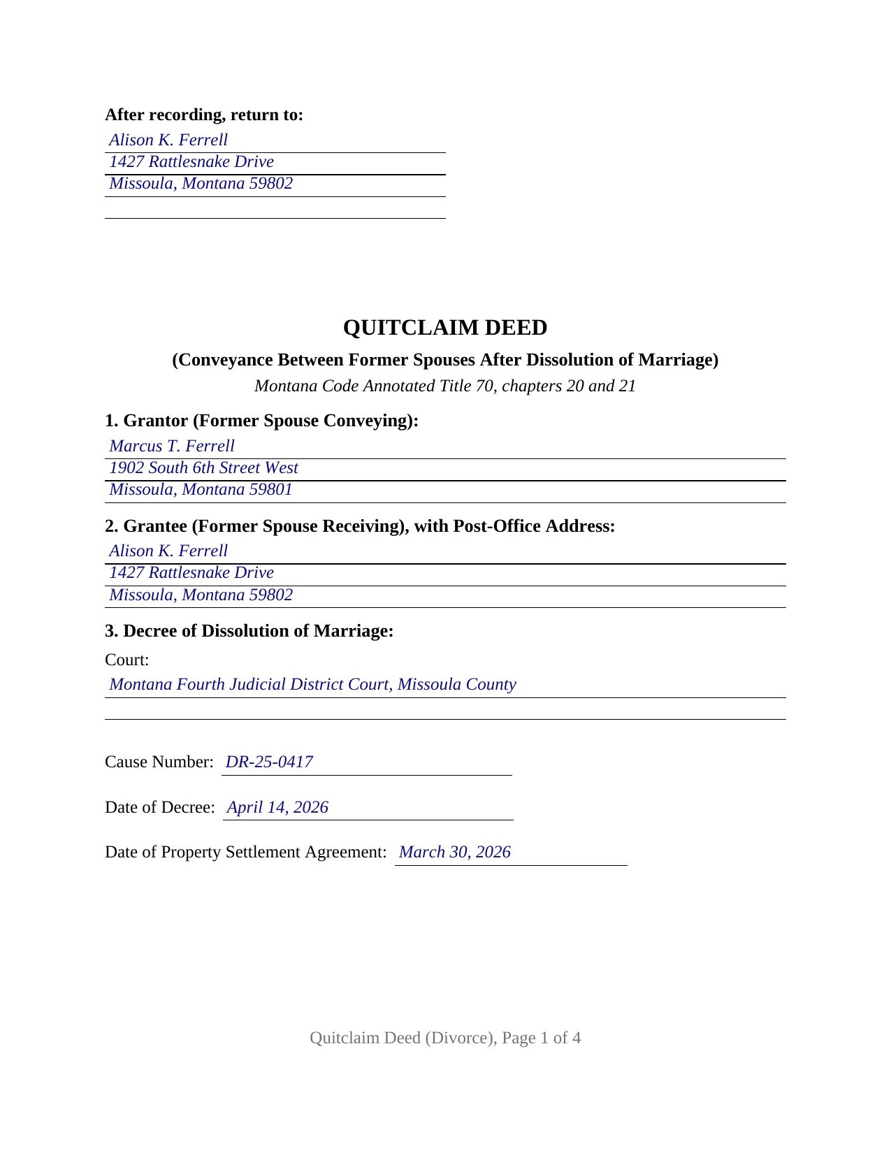Sheridan County Completed Example of the Quitclaim Deed (Divorce) Document