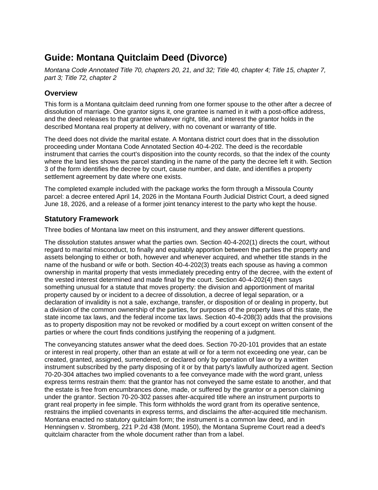 Sheridan County Quitclaim Deed (Divorce) Guide
