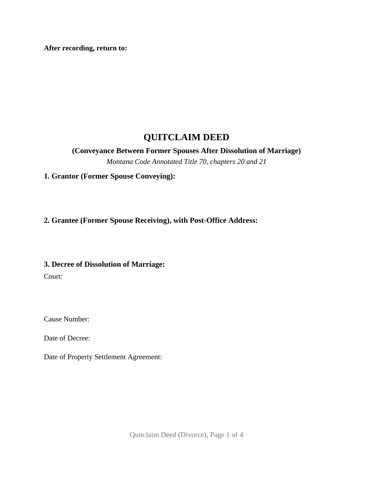 Sheridan County Quitclaim Deed (Divorce) Form