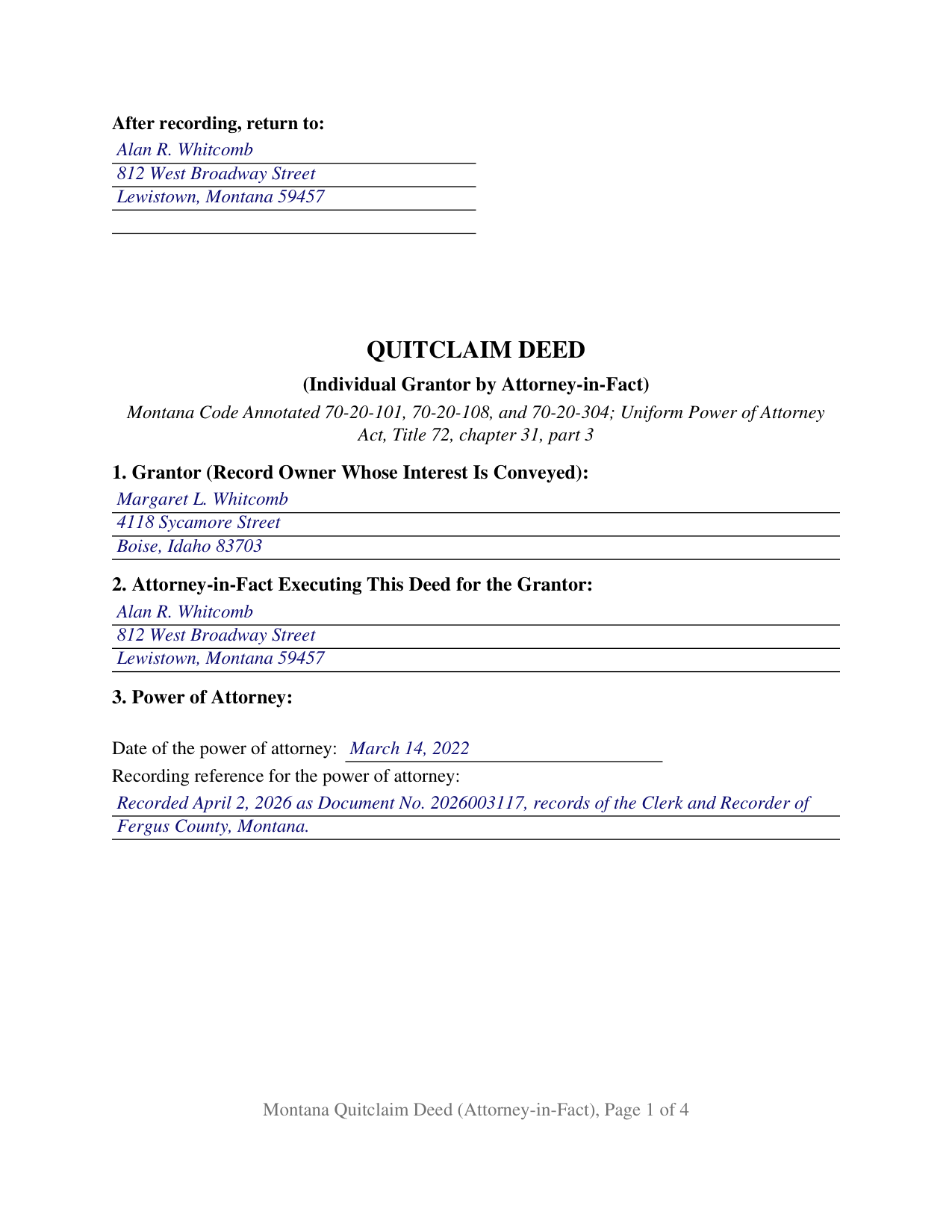 Lincoln County Completed Example of the Quitclaim Deed (Individual Grantor by Attorney-in-Fact) Document