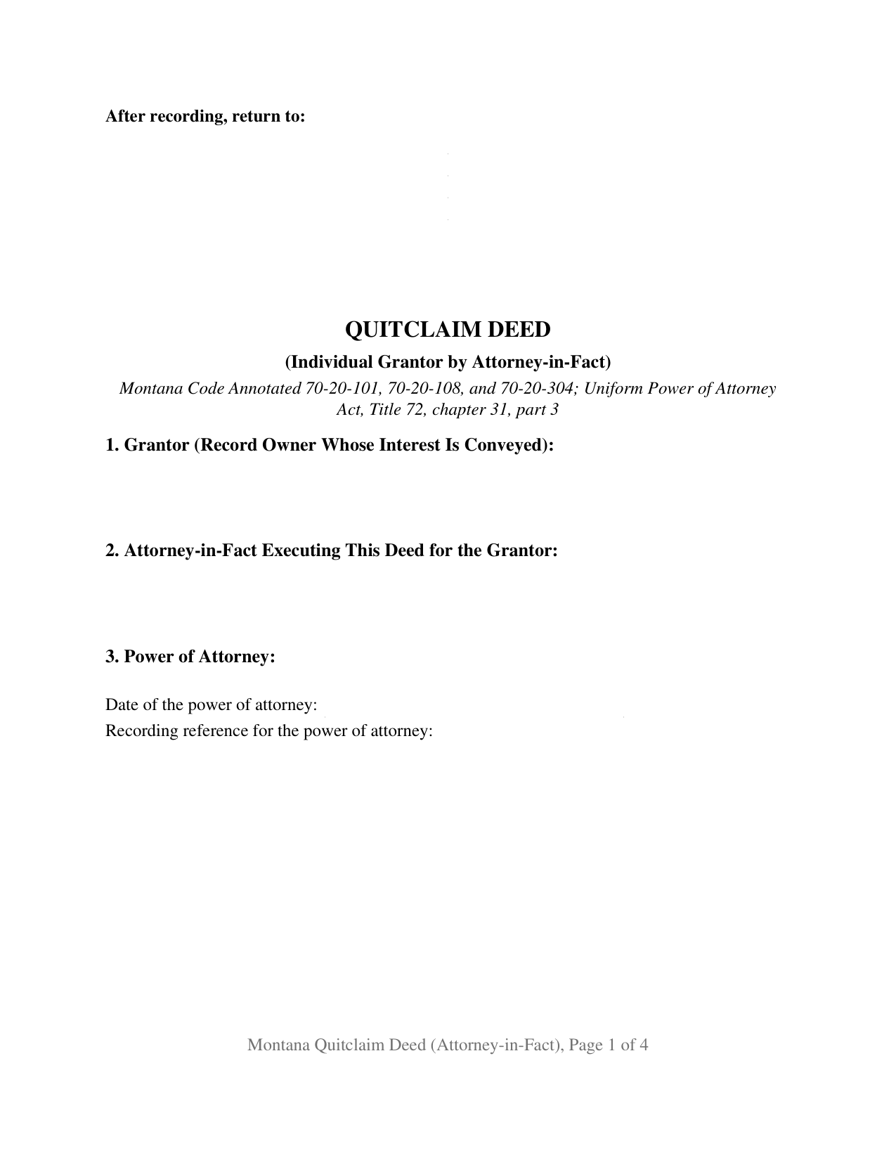 Lincoln County Quitclaim Deed (Individual Grantor by Attorney-in-Fact) Form