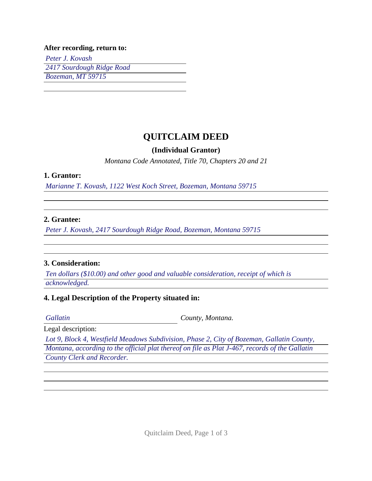 Beaverhead County Completed Example of the Quitclaim Deed (Individual Grantor) Document