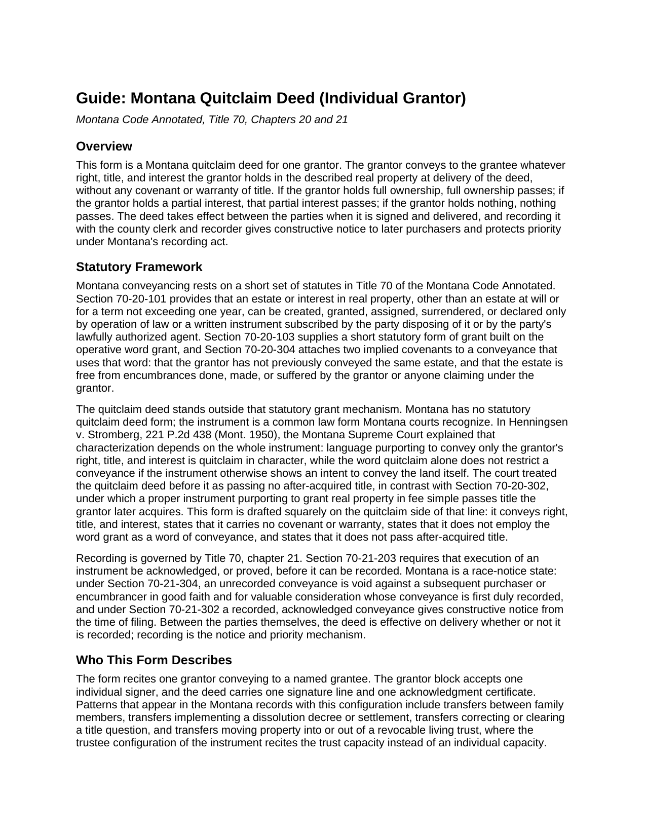 Beaverhead County Quitclaim Deed (Individual Grantor) Guide
