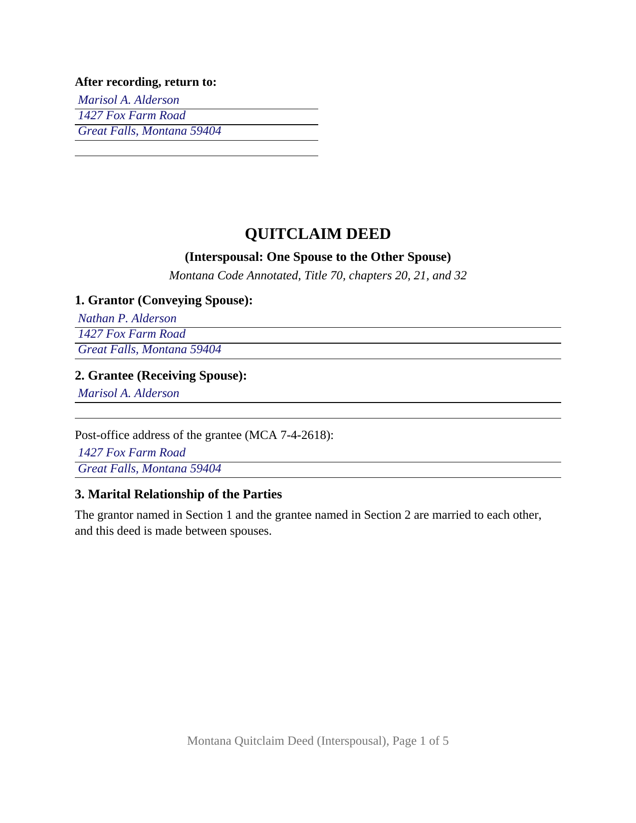 Gallatin County Completed Example of the Quitclaim Deed (Interspousal) Document