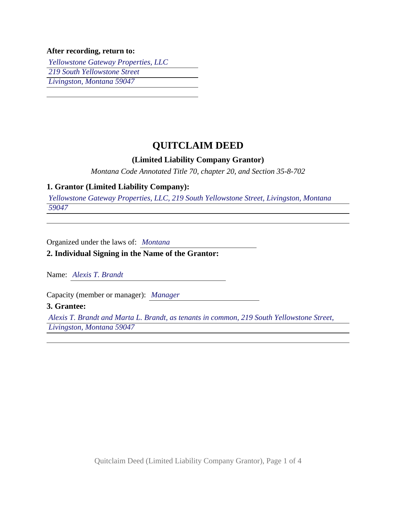 Park County Completed Example of the Quitclaim Deed (LLC Grantor) Document