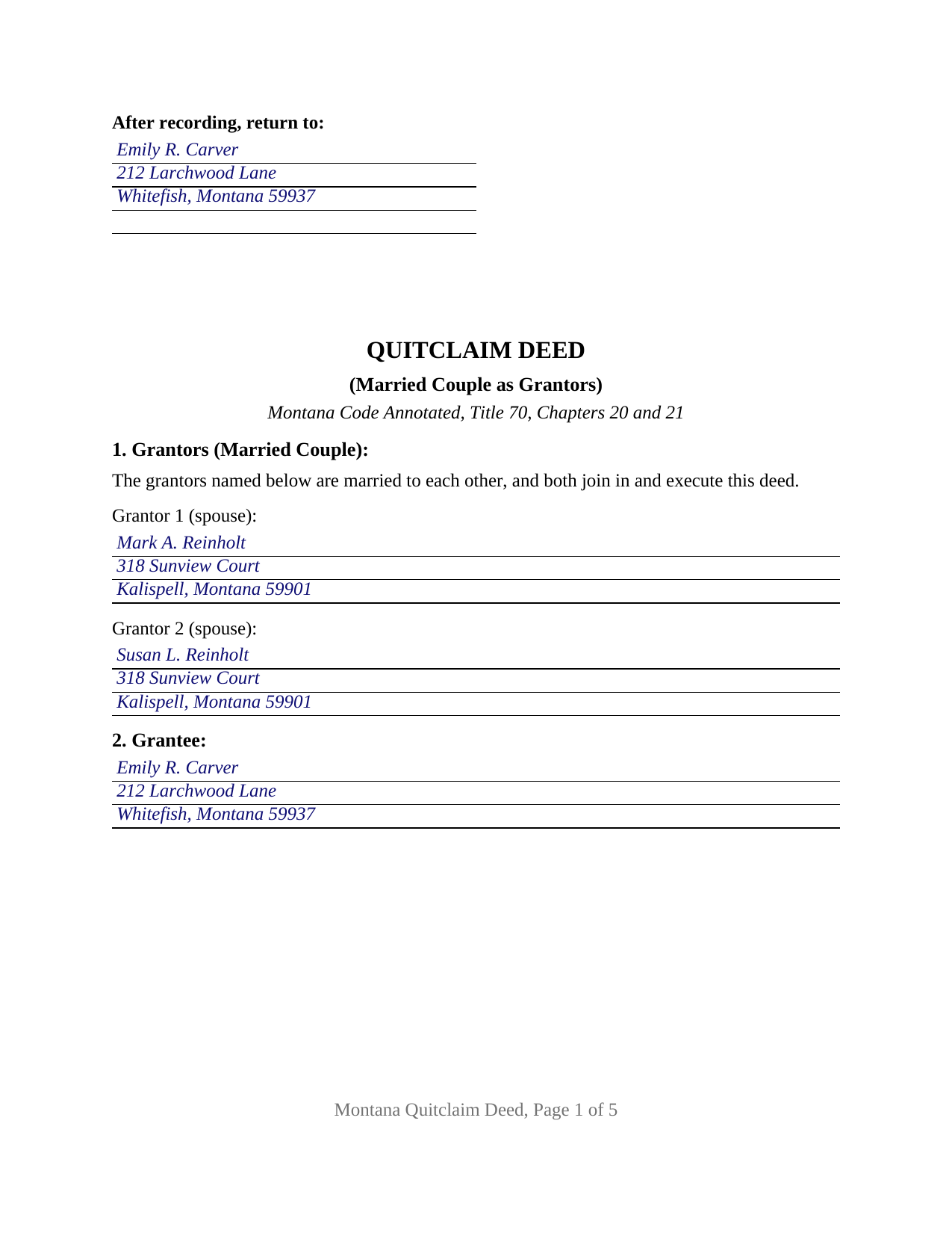 Flathead County Completed Example of the Quitclaim Deed (Married Couple as Grantors) Document