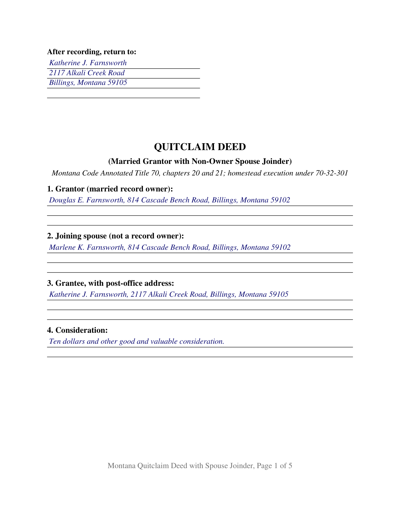 Flathead County Completed Example of the Quitclaim Deed (Married Grantor with Non-Owner Spouse Joinder) Document