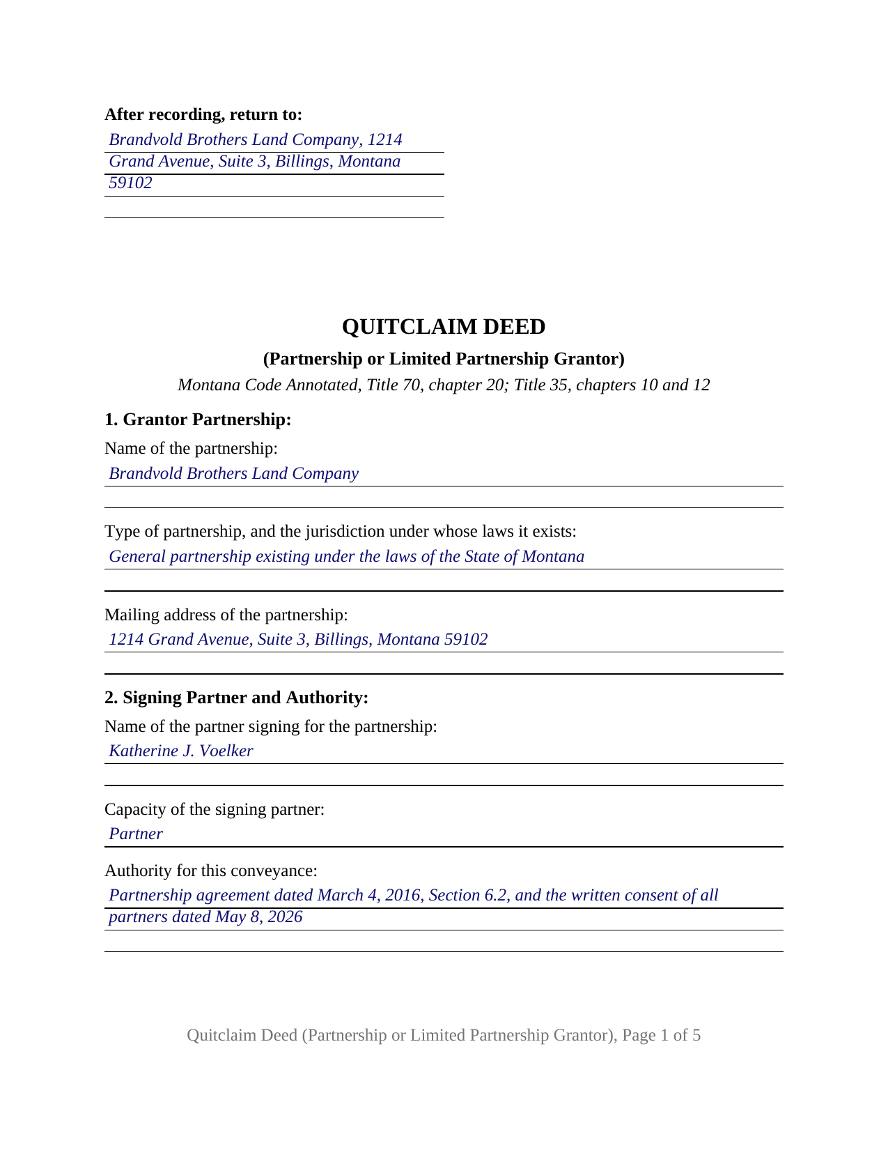 Carter County Completed Example of the Quitclaim Deed (Partnership or Limited Partnership Grantor) Document