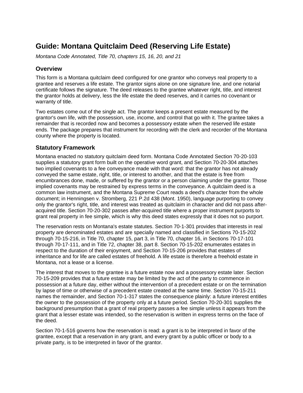Broadwater County Quitclaim Deed (Reserving Life Estate) Guide
