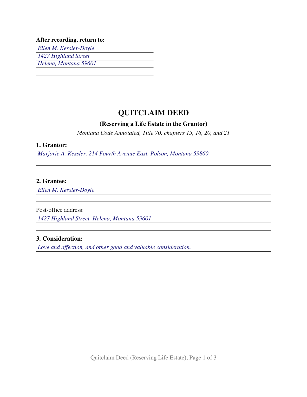Broadwater County Completed Example of the Quitclaim Deed (Reserving Life Estate) Document
