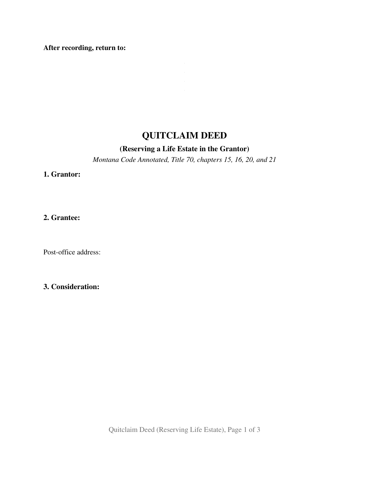 Broadwater County Quitclaim Deed (Reserving Life Estate) Form