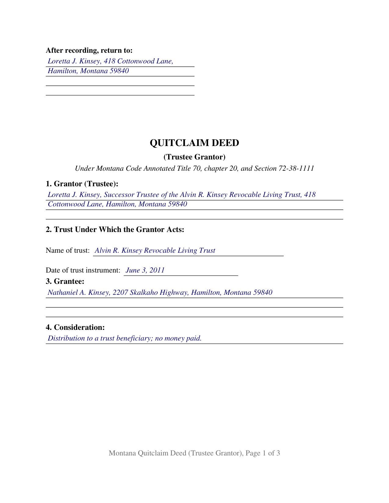 Hill County Completed Example of the Quitclaim Deed (Trustee Grantor) Document