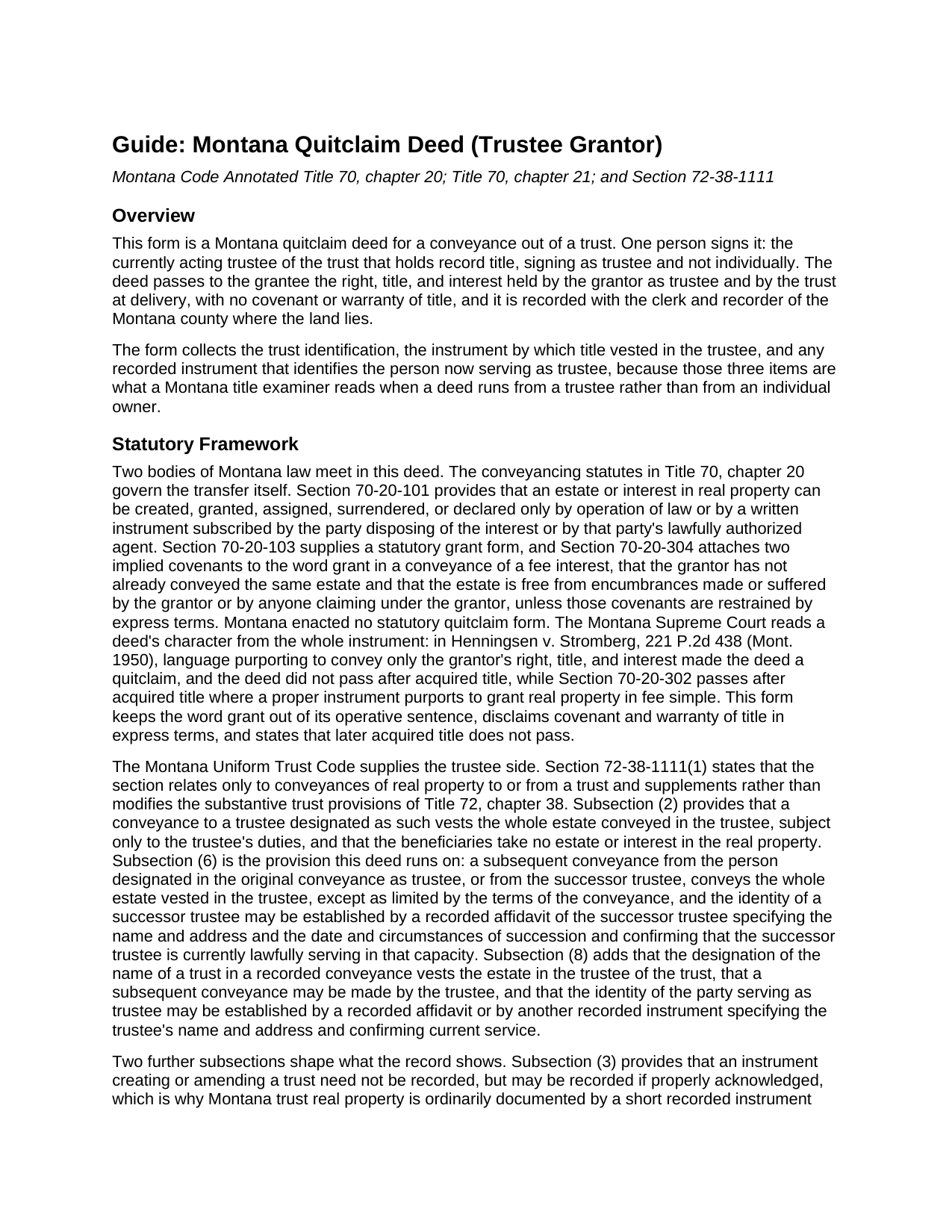 Hill County Quitclaim Deed (Trustee Grantor) Guide