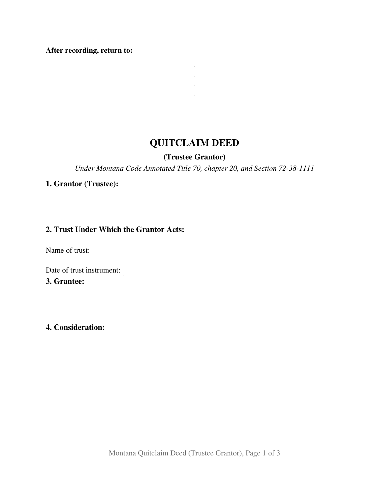 Hill County Quitclaim Deed (Trustee Grantor) Form