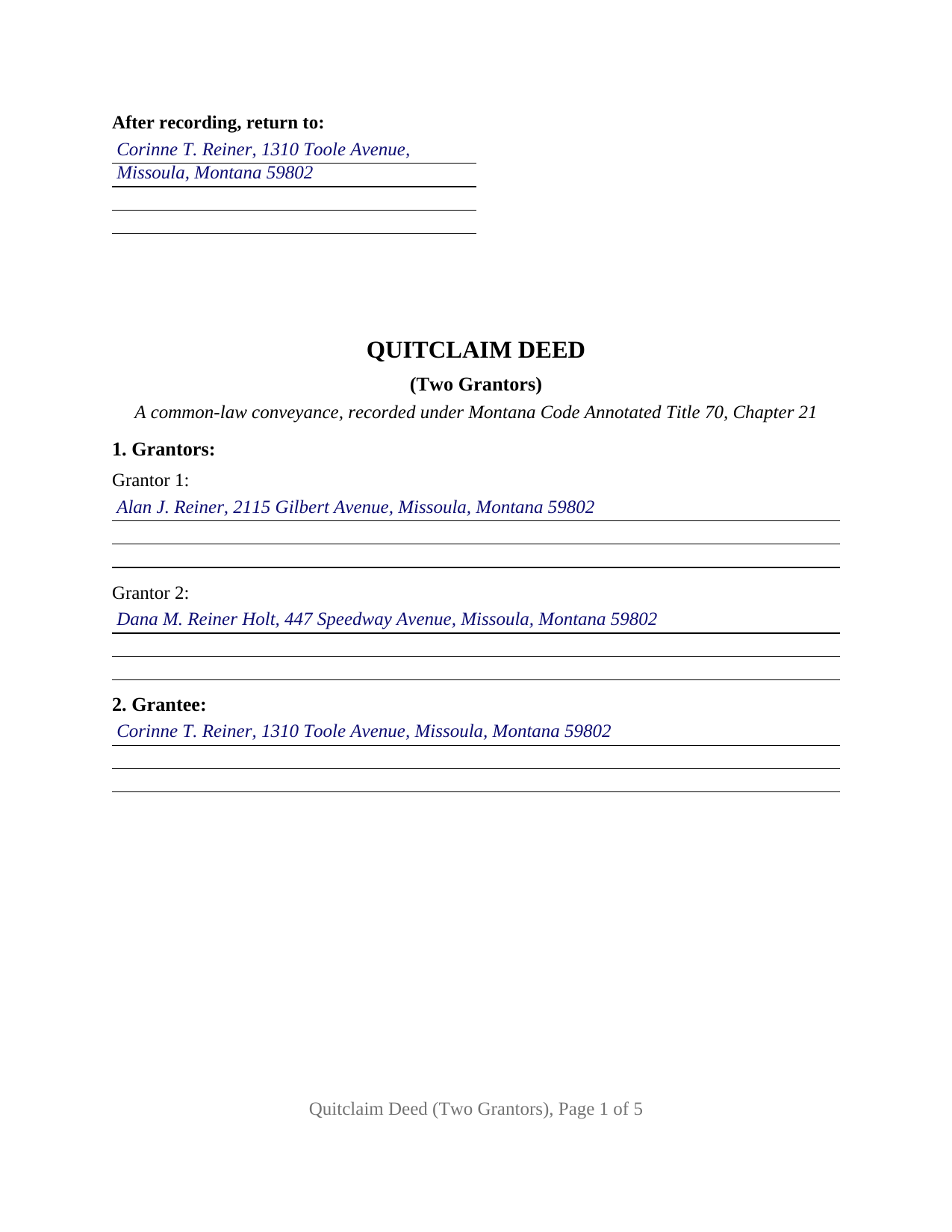 Lake County Completed Example of the Quitclaim Deed (Two Grantors) Document
