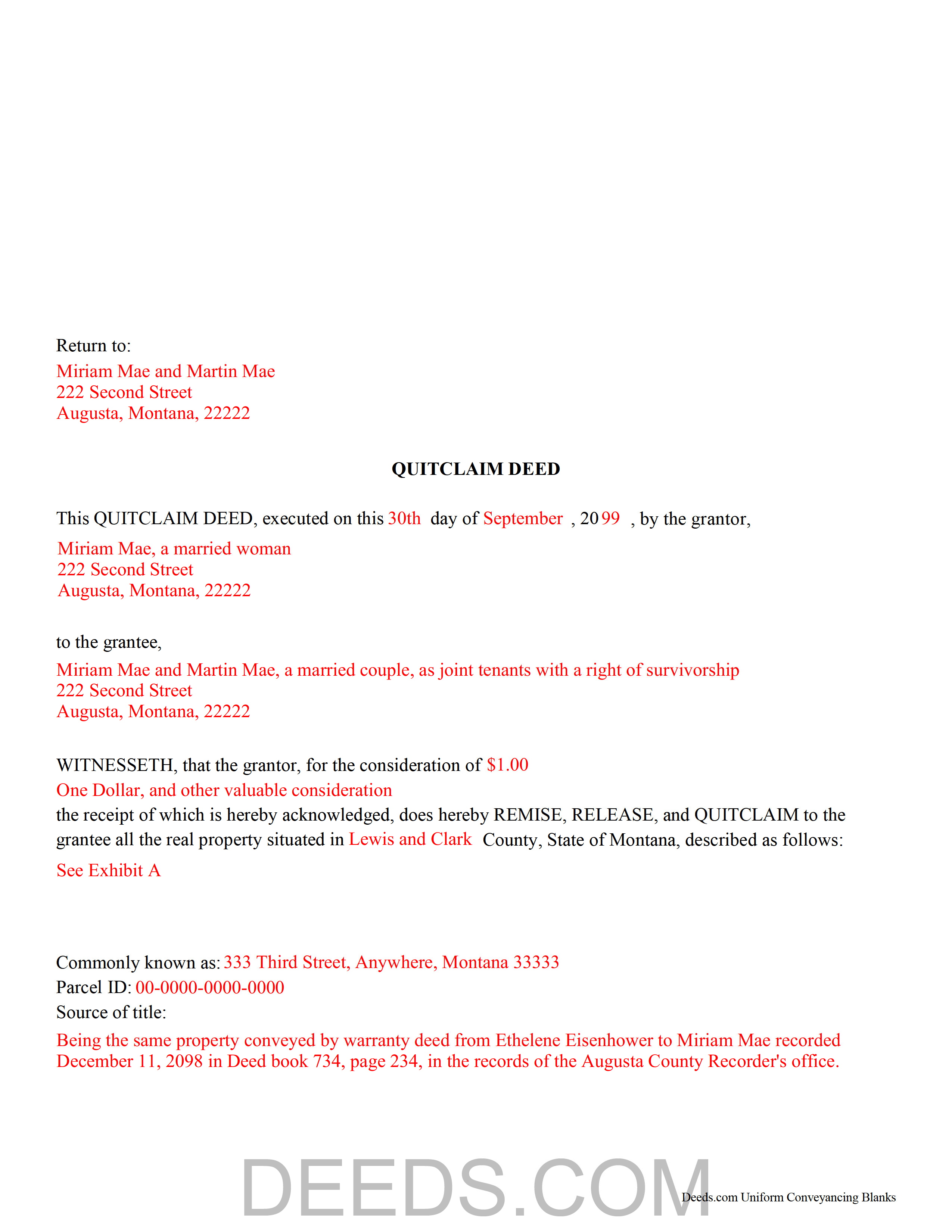 Powell County Completed Example of the Quitclaim Deed Document