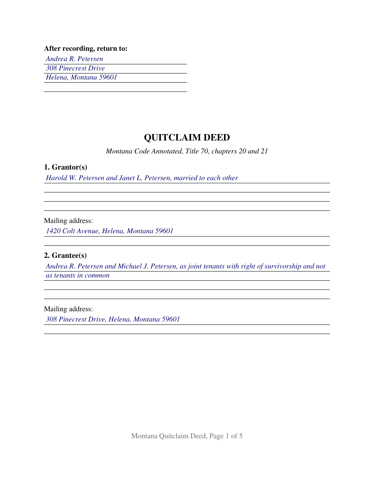 Treasure County Completed Example of the Quitclaim Deed Document