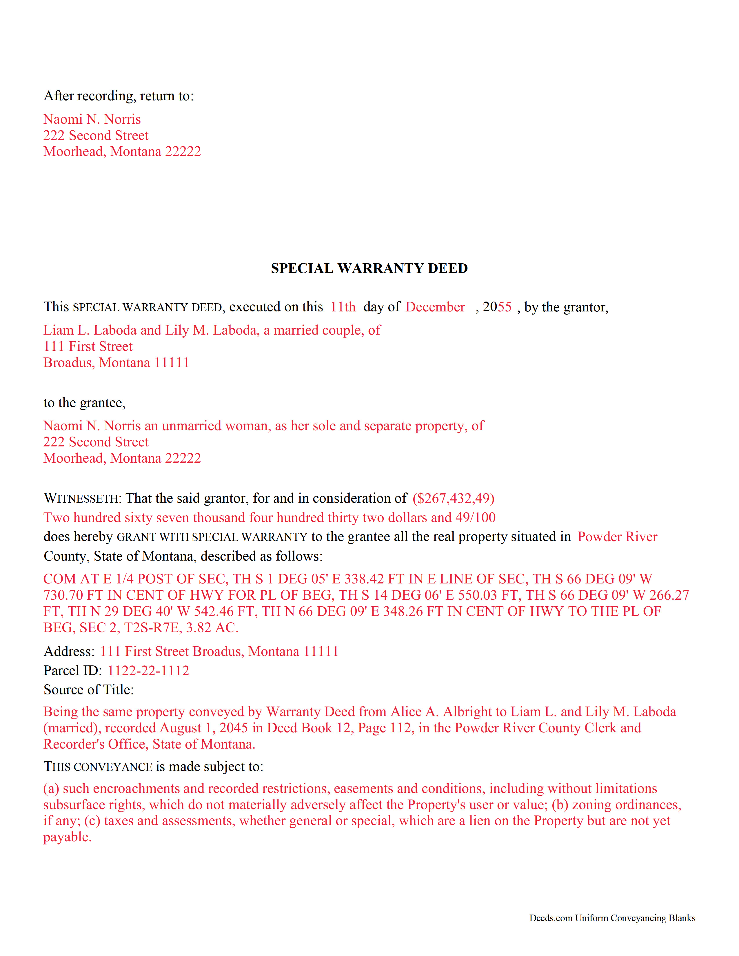 Completed Example of the Special Warranty Deed Document