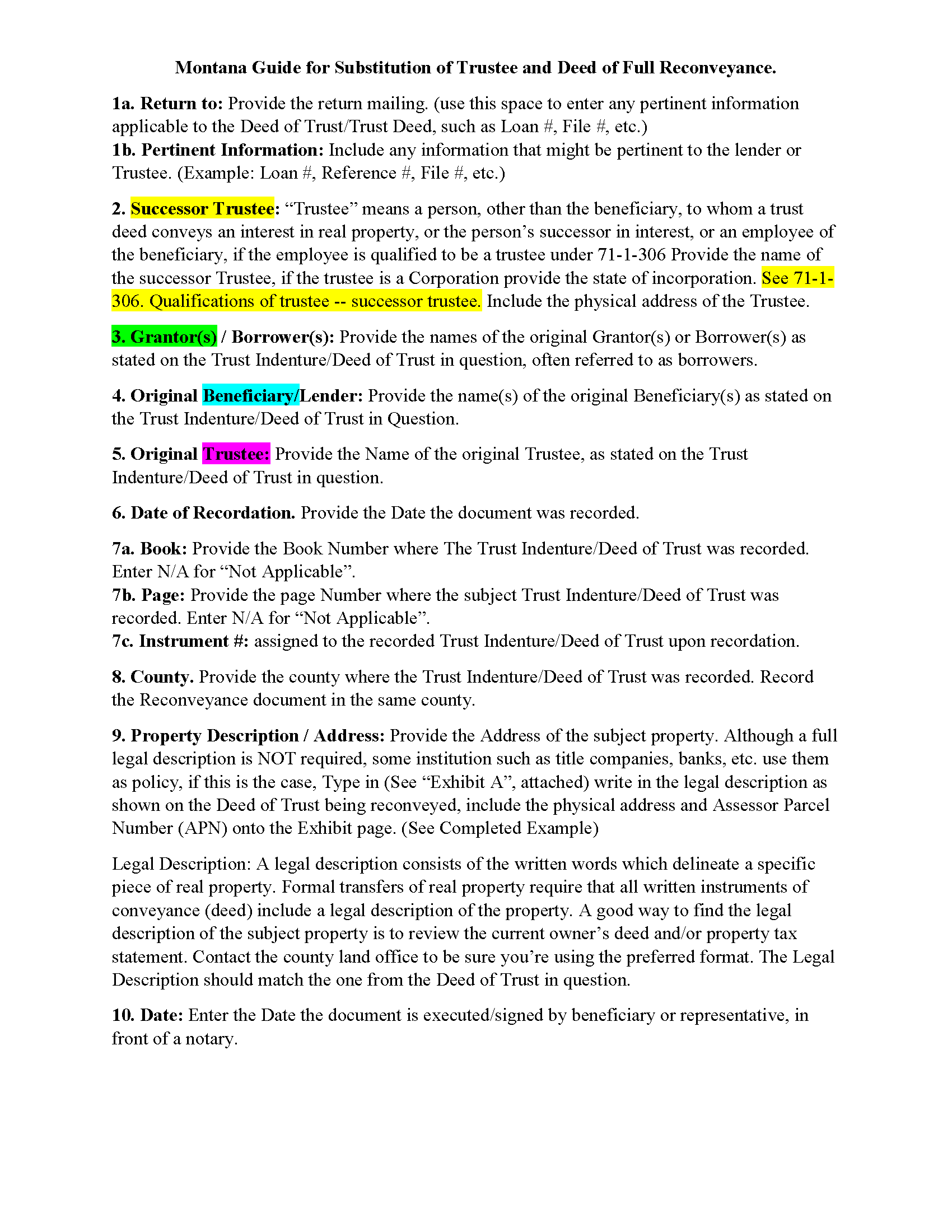 Mineral County Substitution of Trustee and Deed of Full Reconveyance - Guidelines