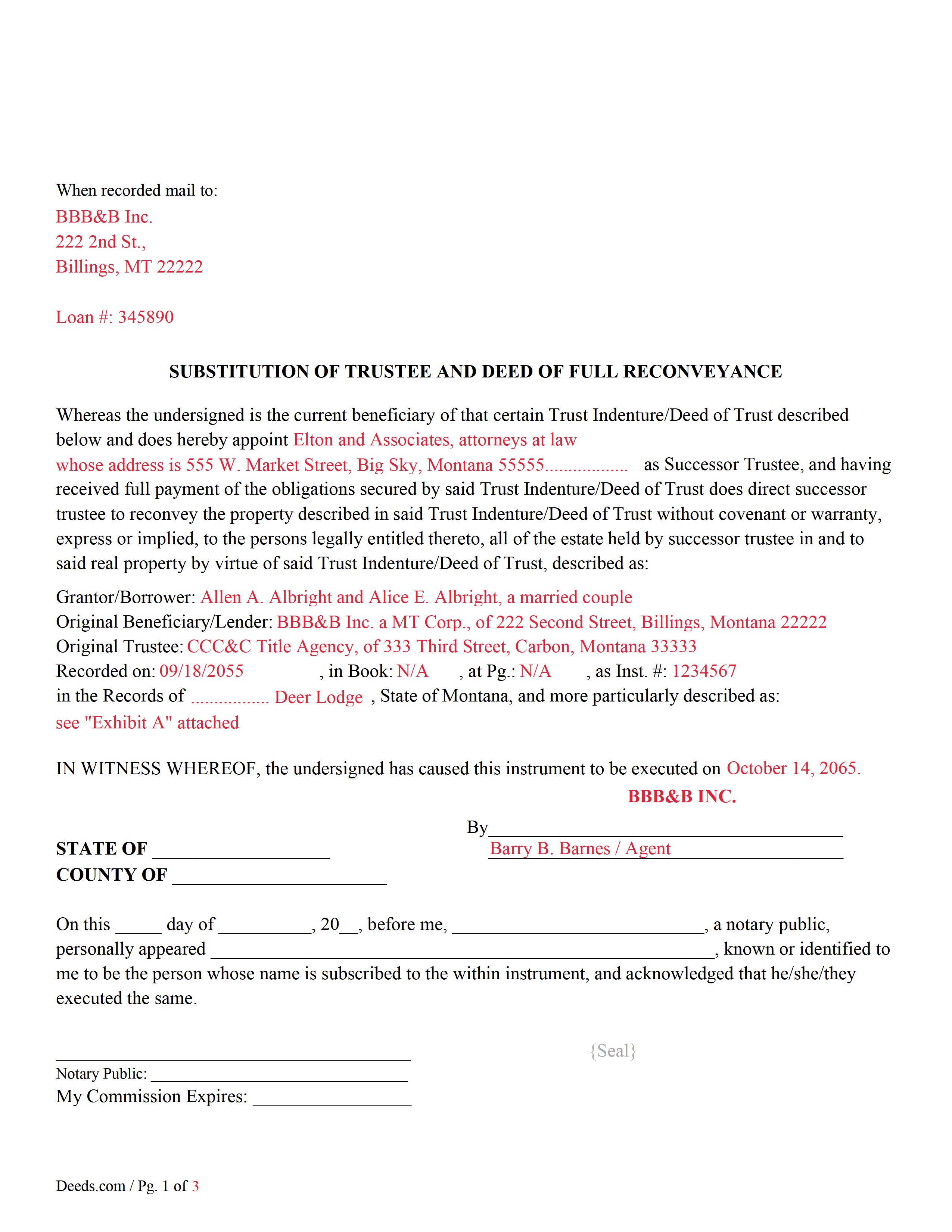 Mineral County Substitution of Trustee and Deed of Full Reconveyance - Completed Example