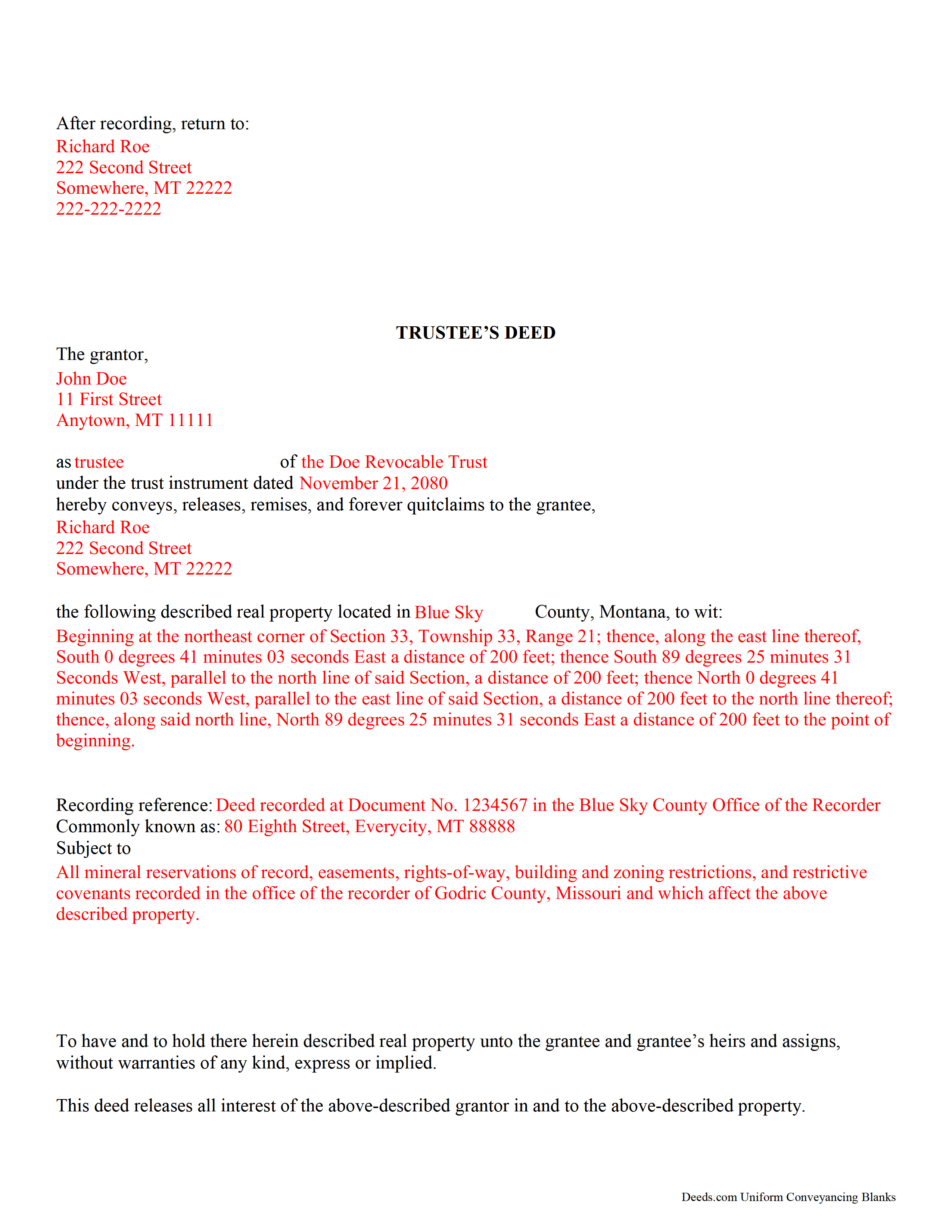 Completed Example of the Trustee Deed Document